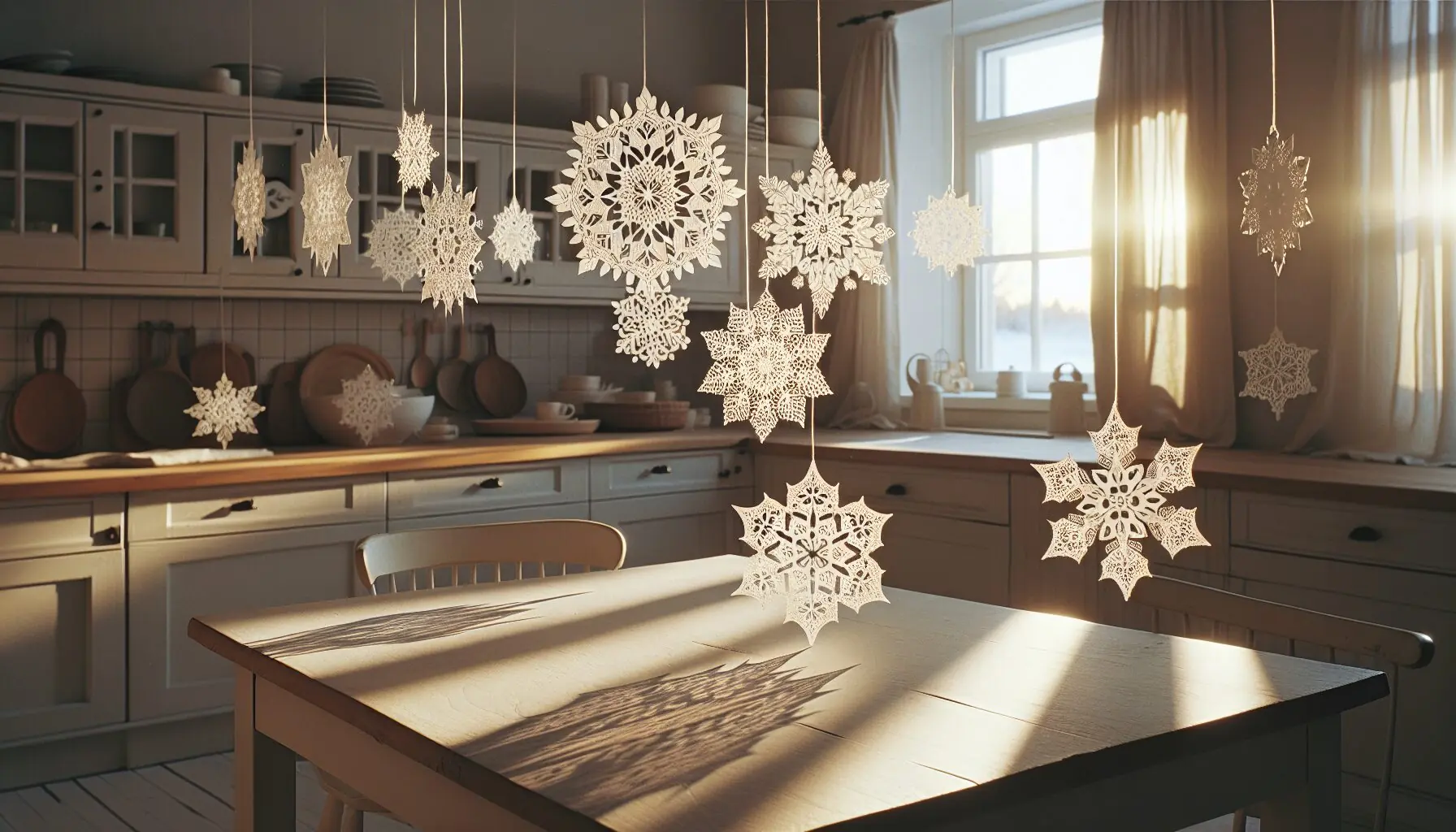 Generate an image of completed paper snowflakes hanging as decorations with sunlight filtering through them.