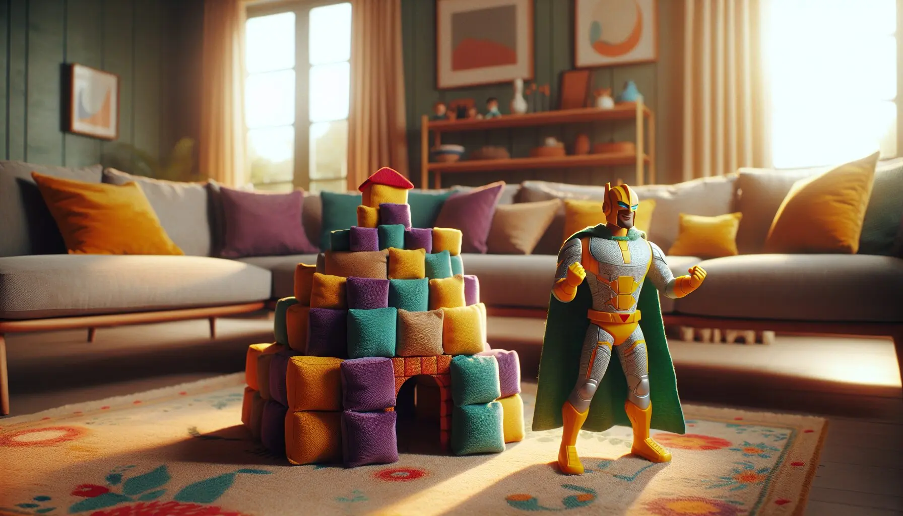 Generate an image of a toy superhero figure standing triumphantly beside a small fort of cushions.