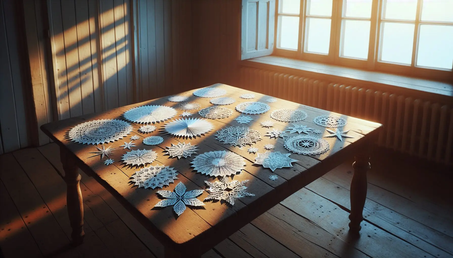 Generate an image of a variety of white and blue paper snowflakes against a bright background.