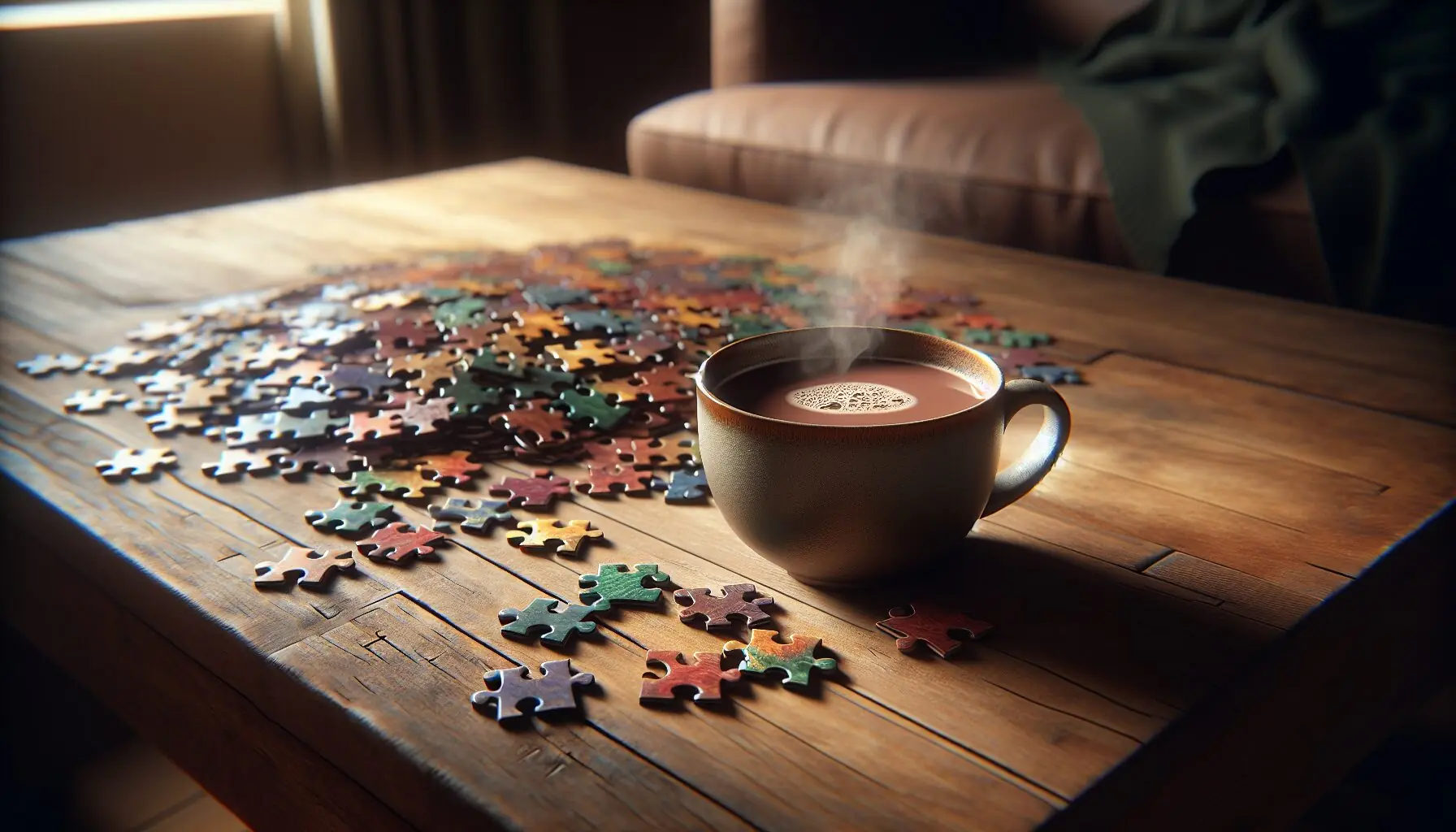 Generate an image of a steaming cup of hot cocoa beside loose, colorful jigsaw puzzle pieces on a wooden table.