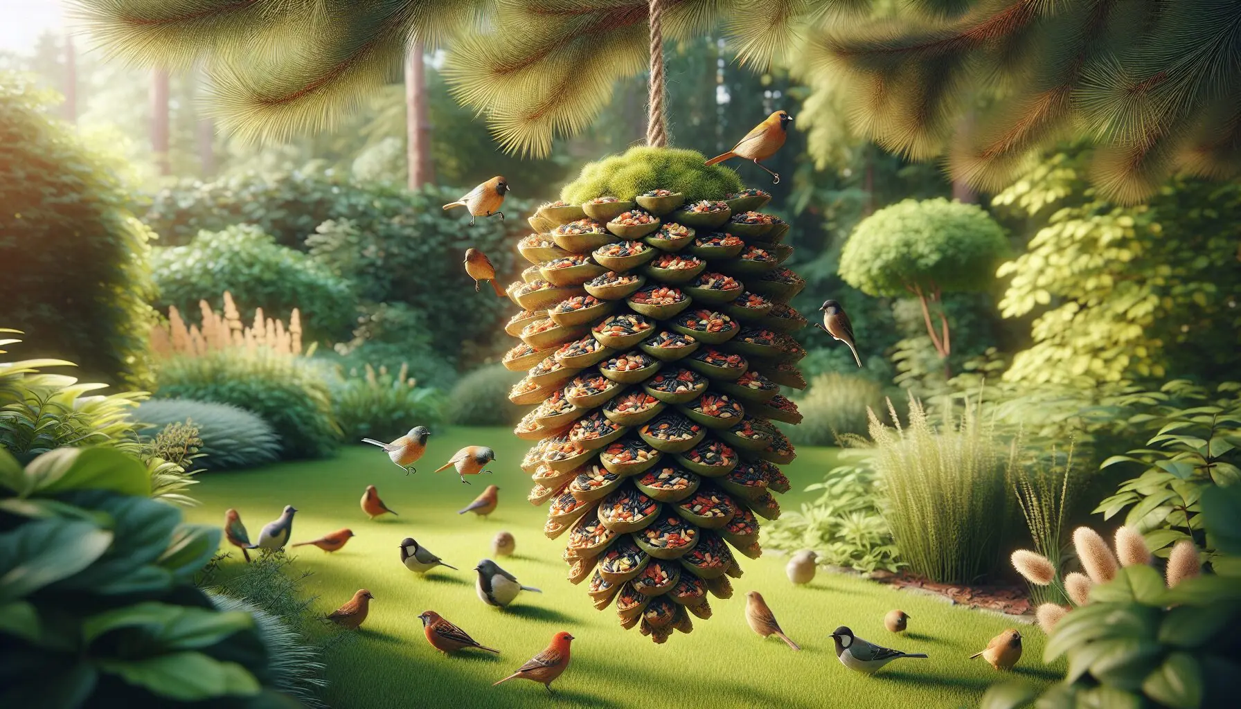 Generate an image of birds engaging with a pinecone feeder hanging in a lush green garden.