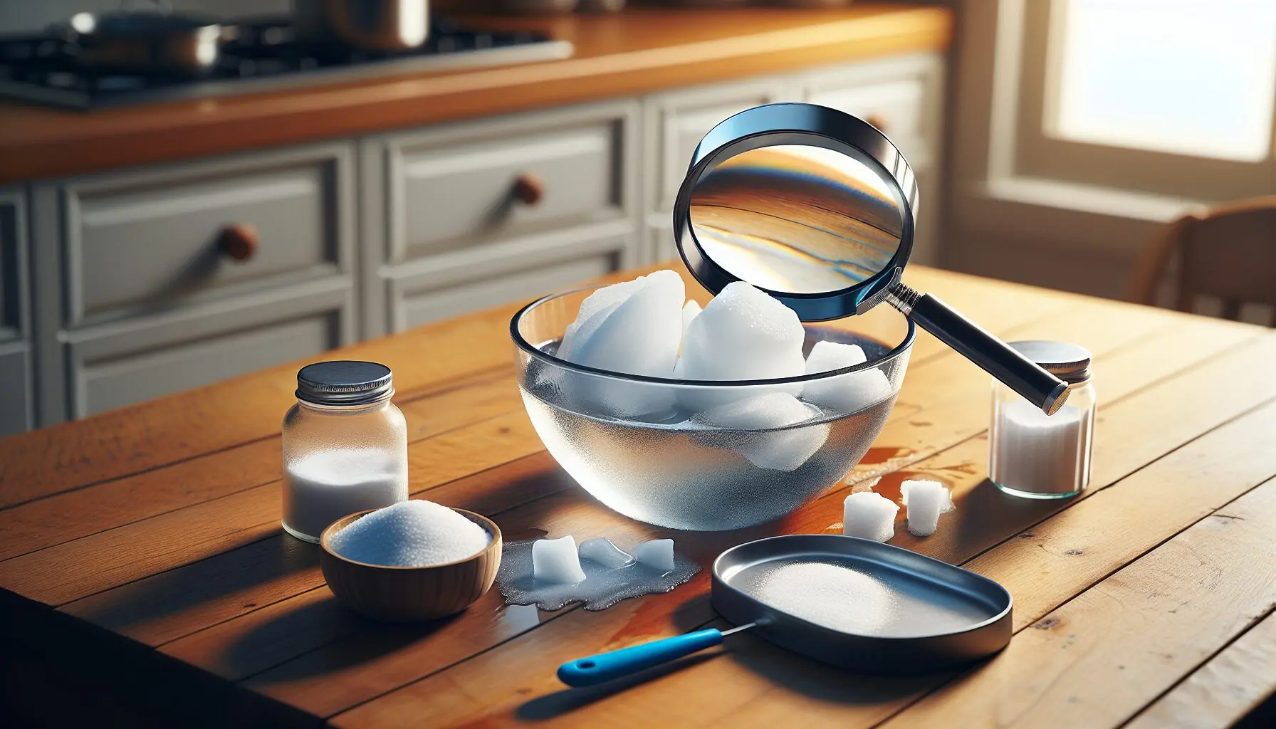 Generate an image illustrating connected neural pathways alongside a playful child using a magnifying glass to examine melting ice.