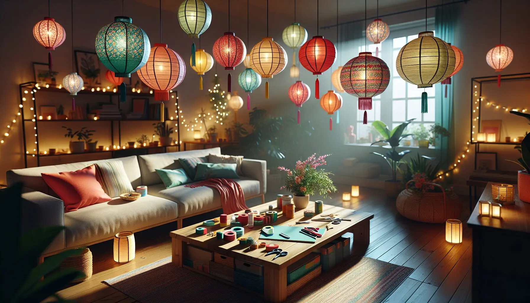 Generate an image of decorated paper lanterns hanging in a family room adorned with plants or festive decorations.