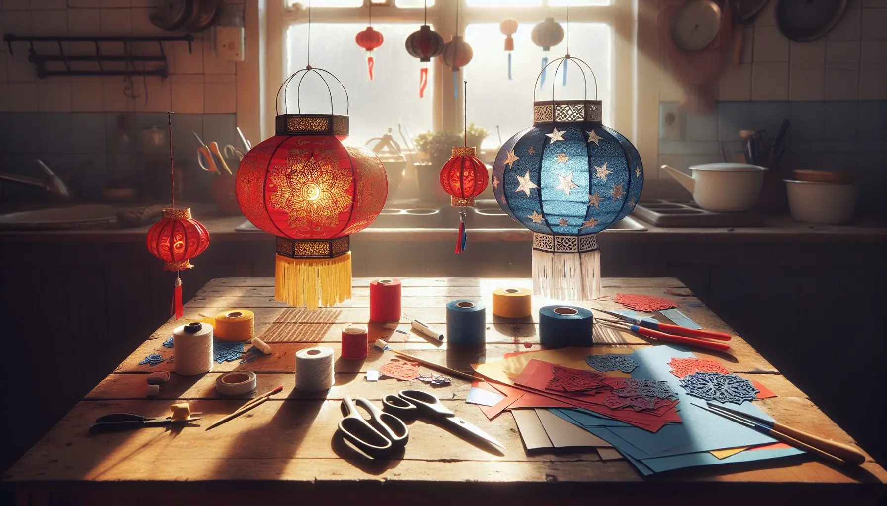 Generate an image of two paper lanterns—one traditional red with gold patterns and a blue one with silver stars.