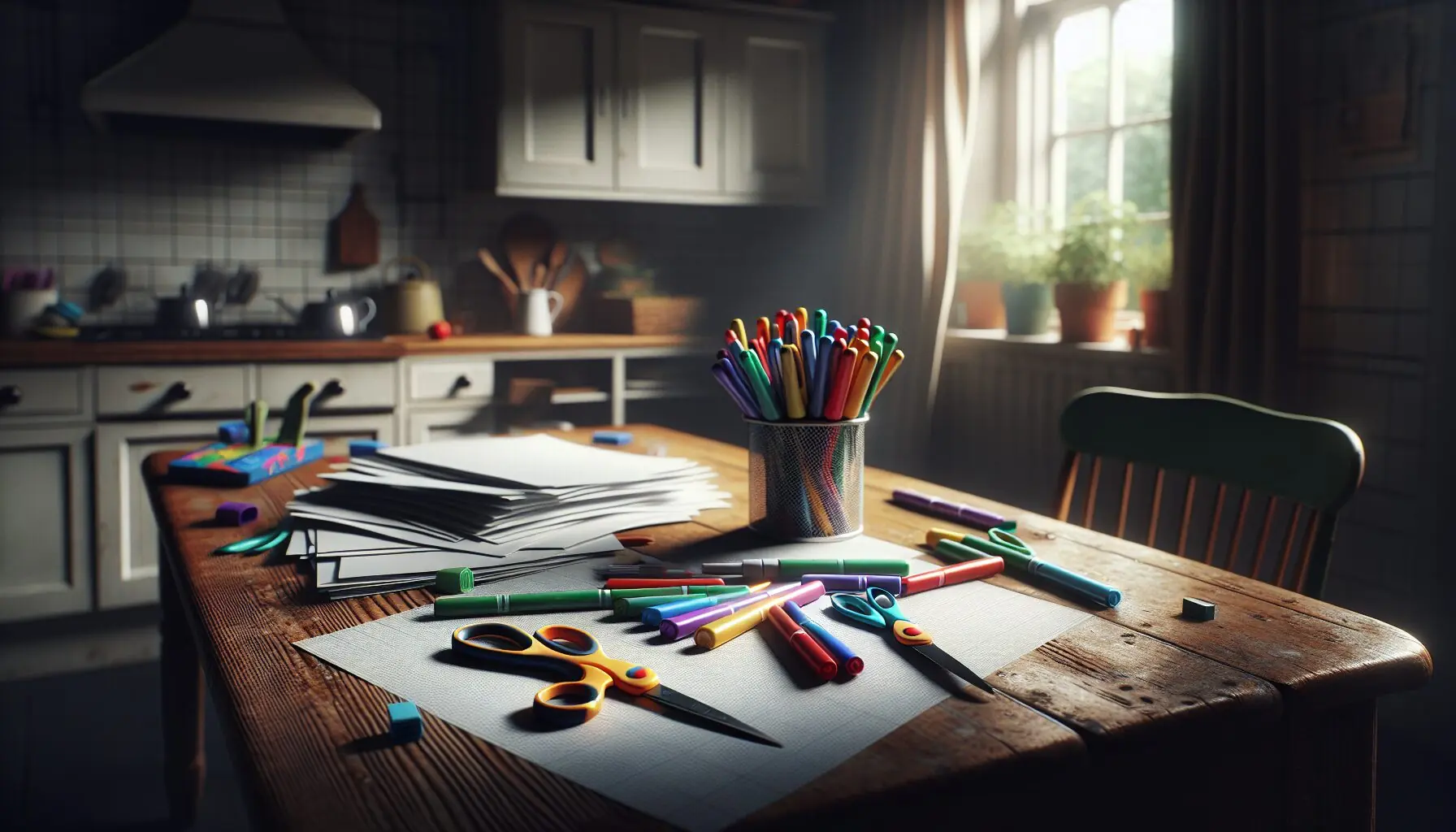 Generate an image of a child-sized pair of safety scissors, colorful markers, and folded white paper ready for crafting on a kitchen table.