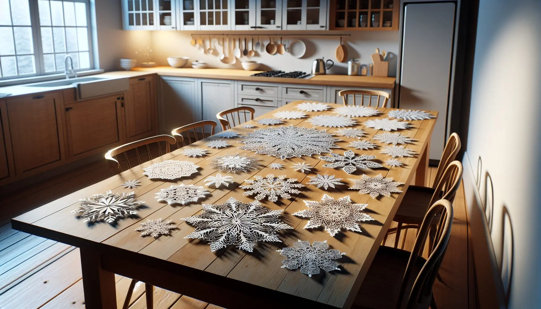 Generate an image of gently falling paper snowflakes with various patterns scattered on a wooden table.