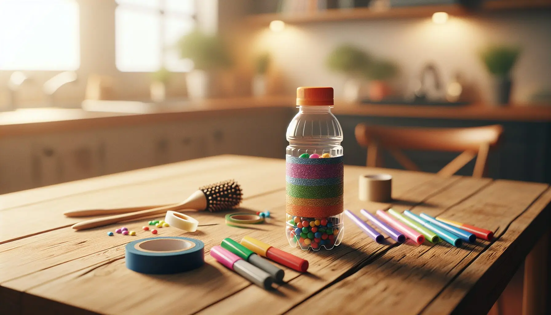 Generate an image of a child’s hand shaking a creatively decorated bottle under warm home lighting.