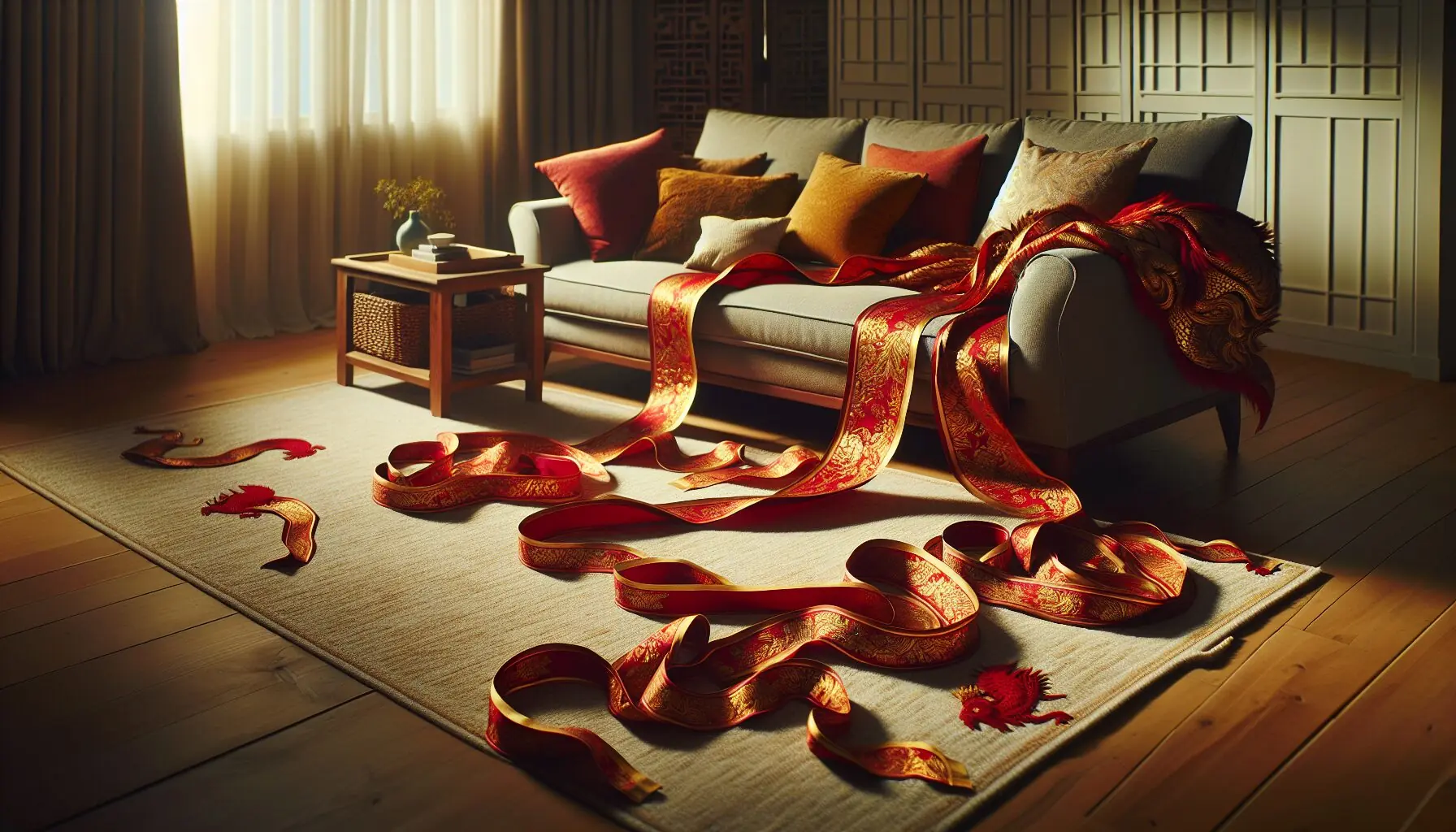 Generate an image of vibrant red and gold fabric strips flowing in the air.