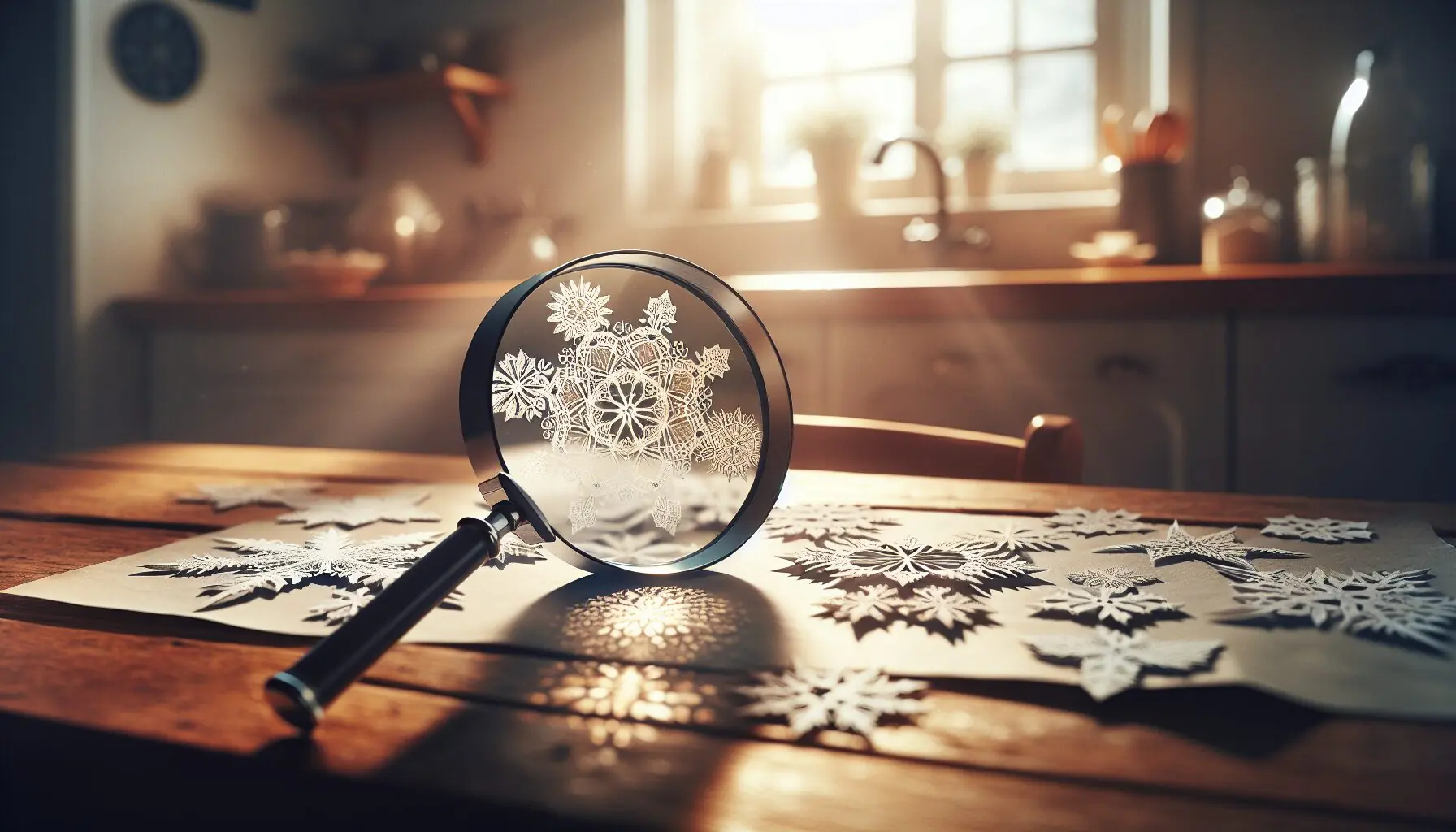 Generate an image of a magnifying glass over paper snowflakes emphasizing the points or arms, symbolizing counting.