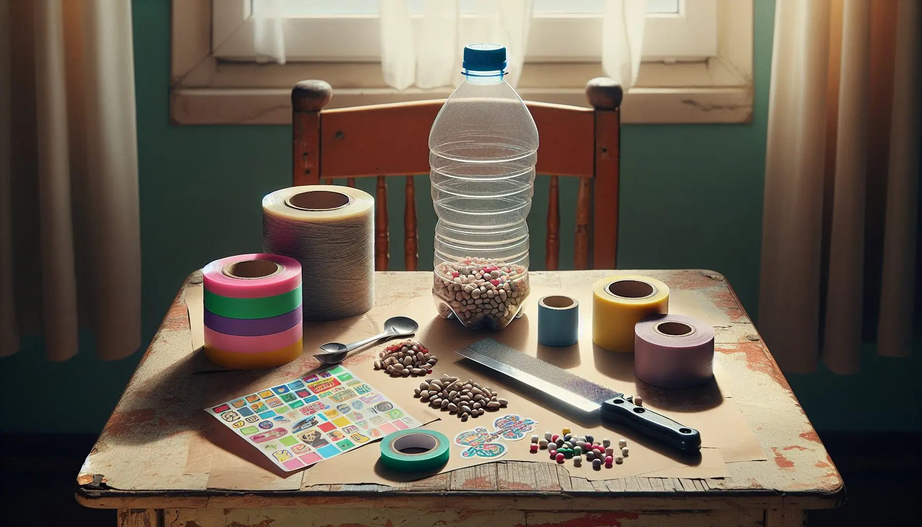 Generate an image of a collection of DIY shakers made from various household materials like bottles, beans, and decorative elements.