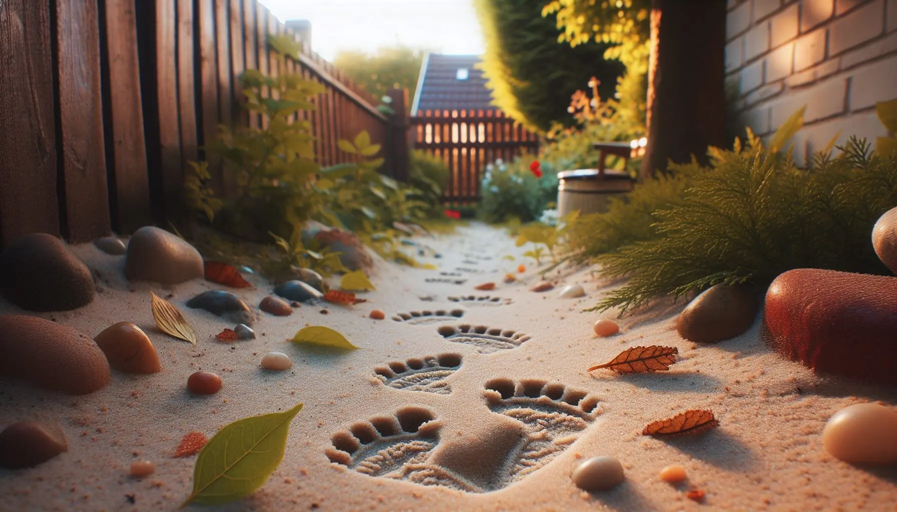 Generate an image of tiny footprints in a sandy or leafy path, illustrating steps of a small adventurer.