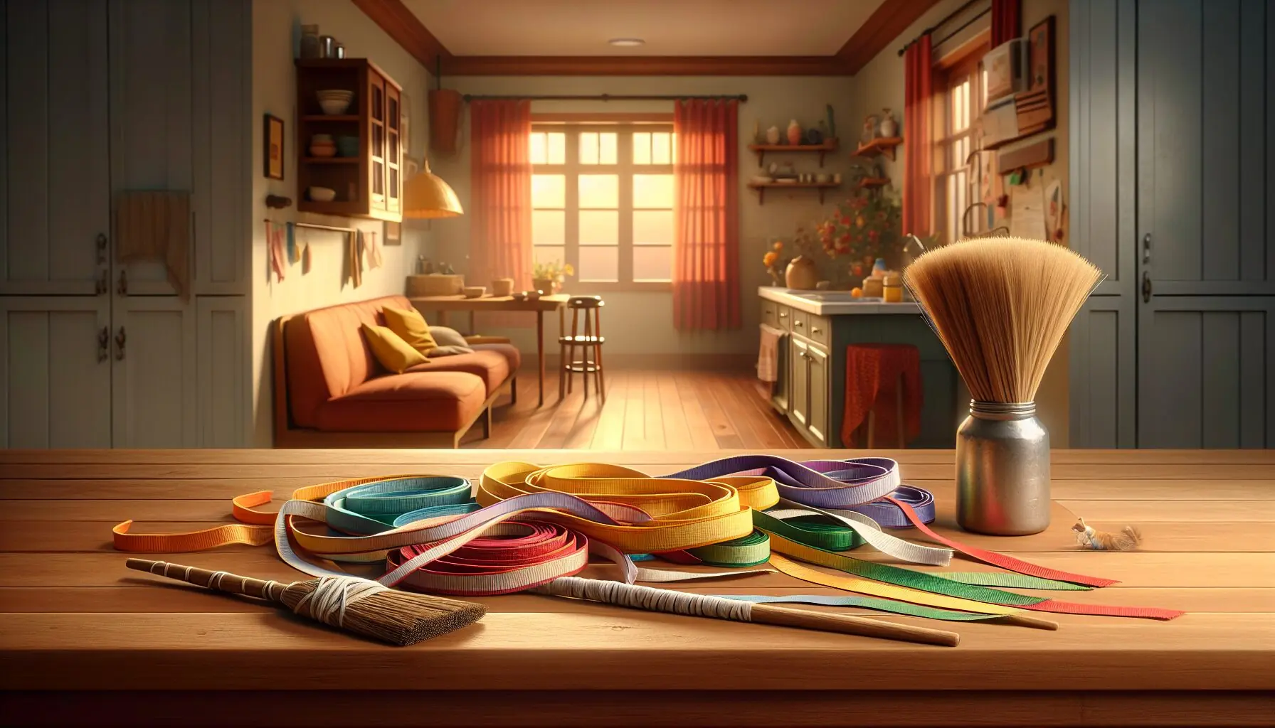 Create an illustration of kids holding colorful ribbons in an outdoor setting, mimicking a dragon.