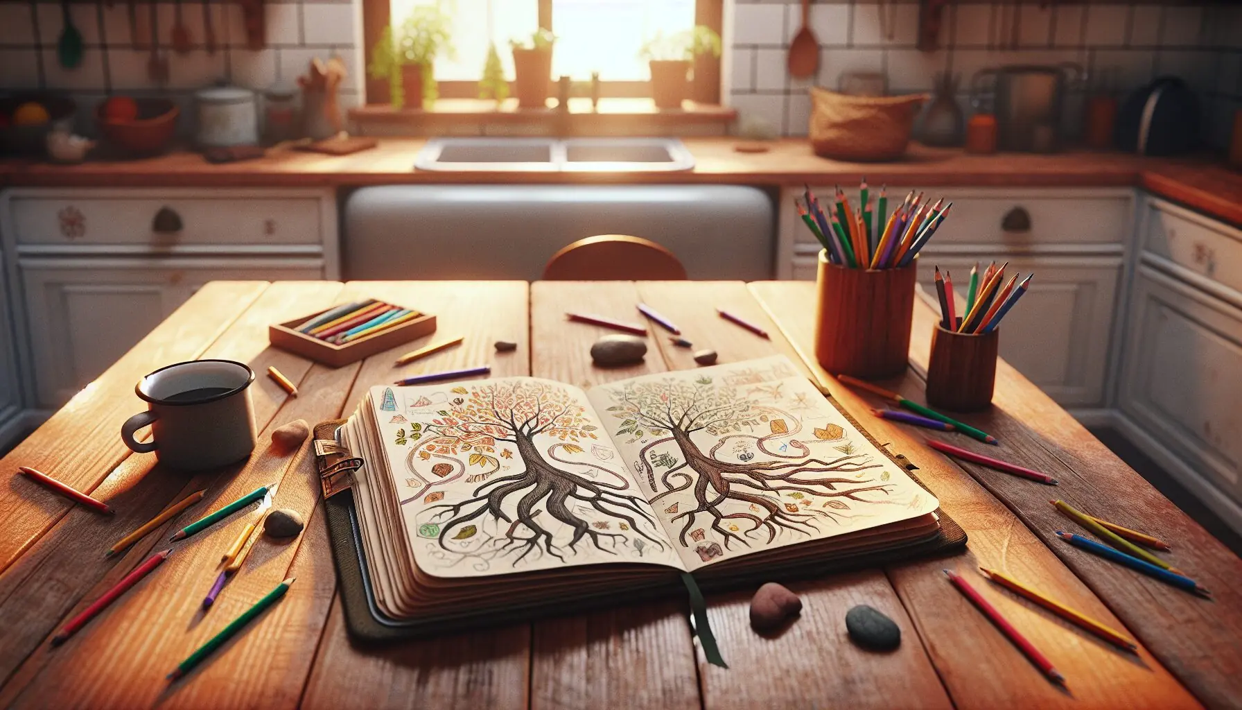 Generate an image of a colorful map drawn in a child's journal, with doodles of leaves and stones around it.