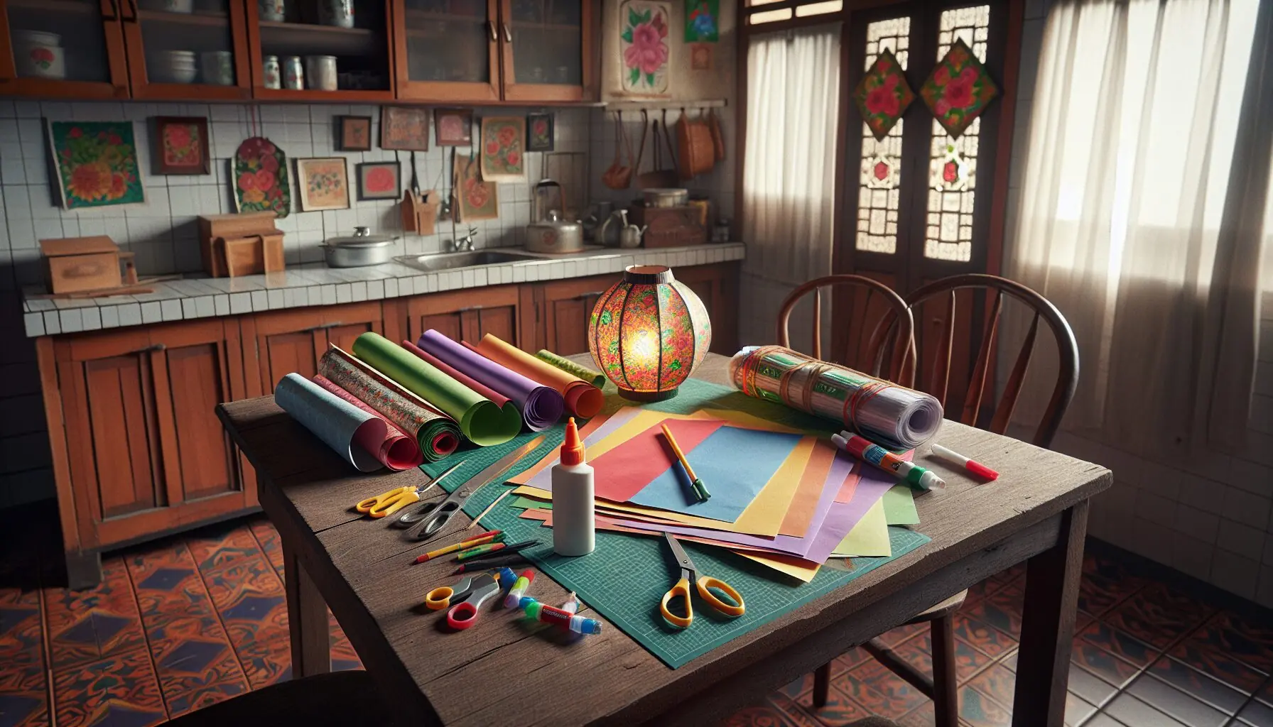 Generate an image of colorful paper sheets, scissors, and glue sticks arranged for a craft project.