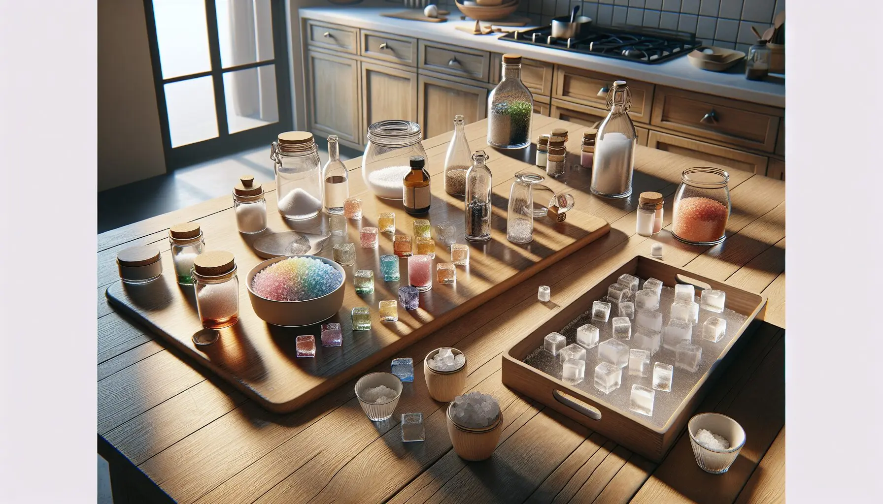 Generate an image of a cozy kitchen setting with a tray of assorted ice cubes and colorful jars of salt and food coloring.