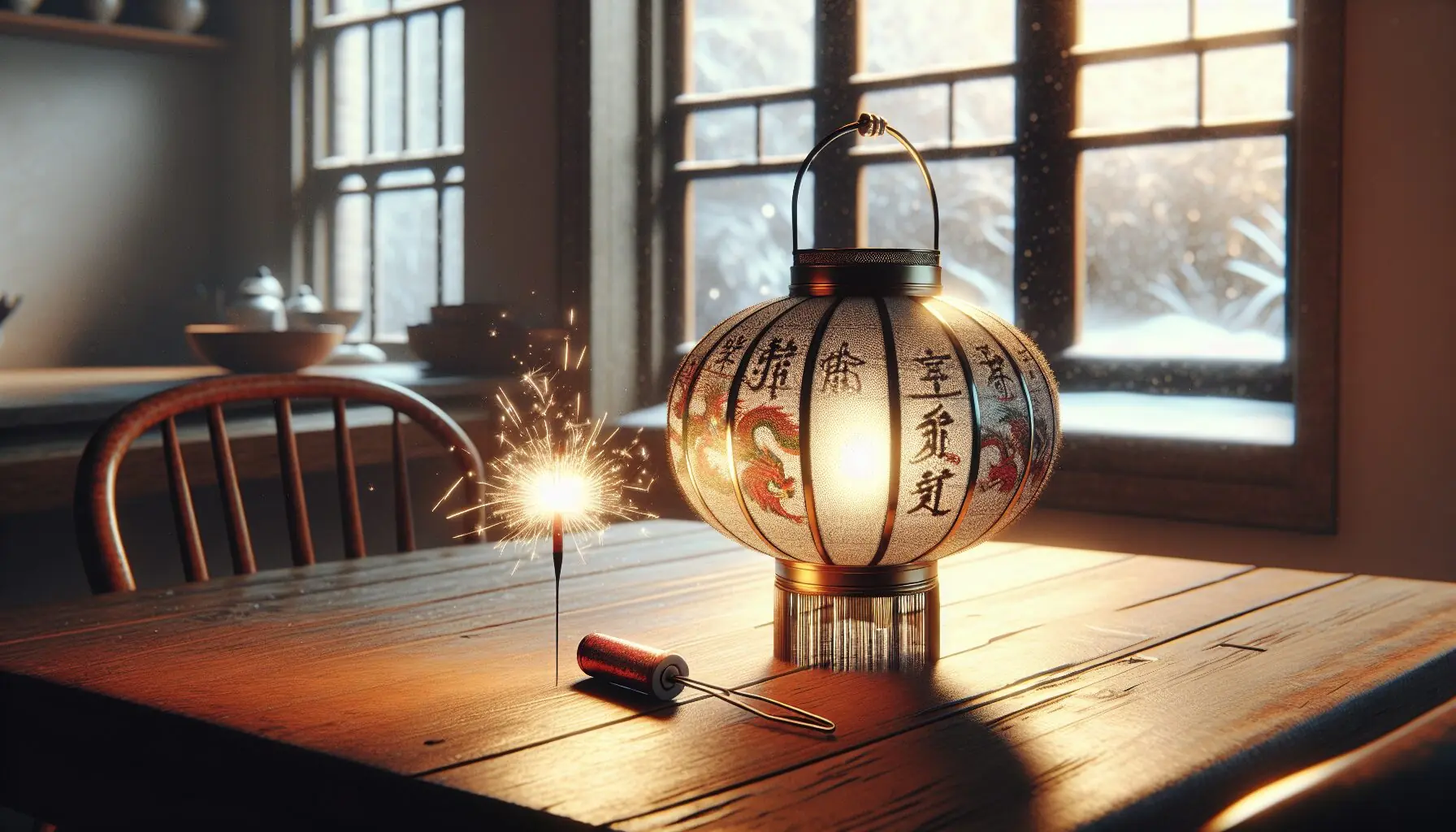 Generate an image of diverse winter festival symbols like lanterns and fireworks on a snowy background.