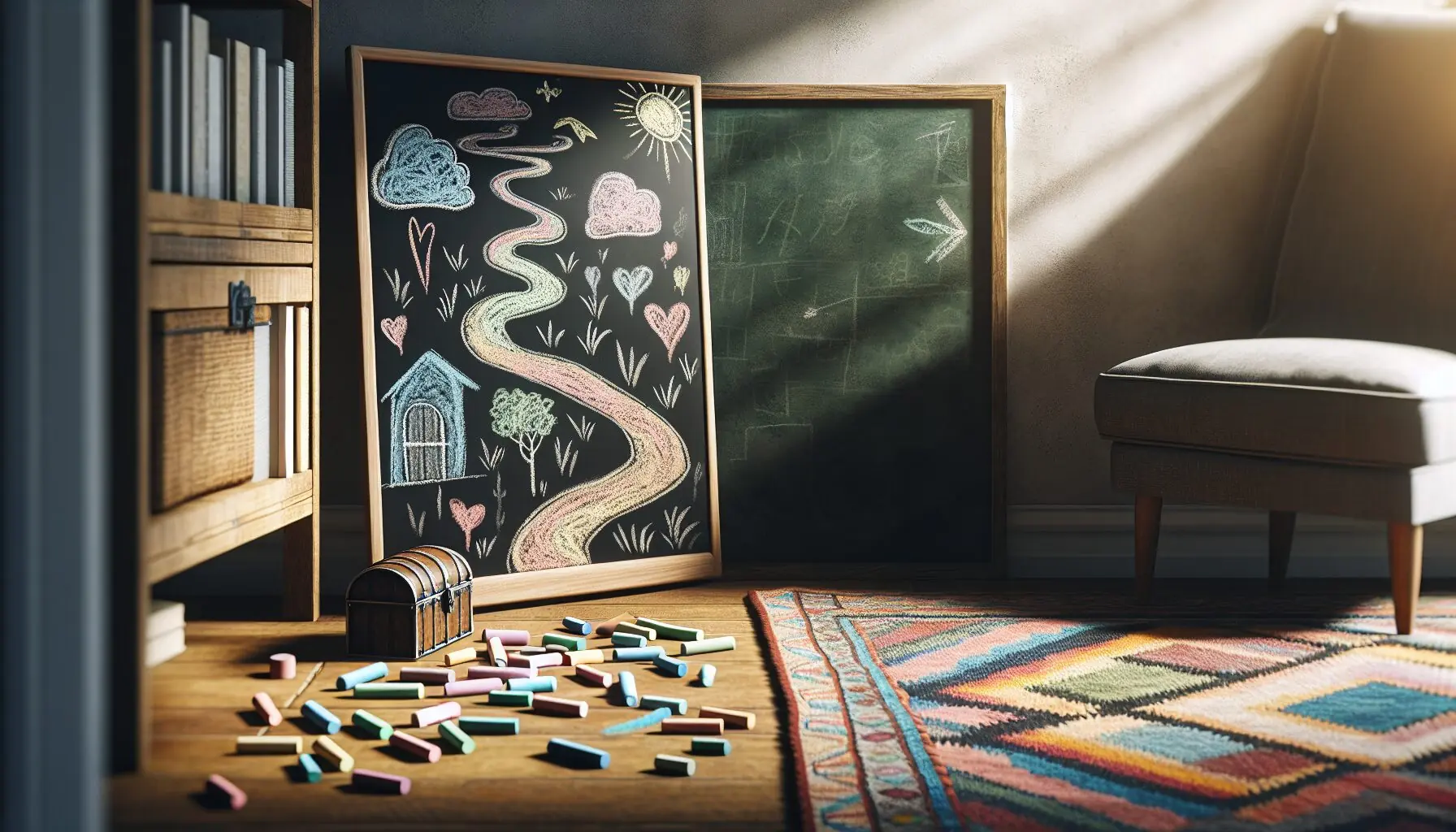 Generate an image of a chalkboard with colorful drawing of a path ending in a treasure chest, symbolizing shared stories.