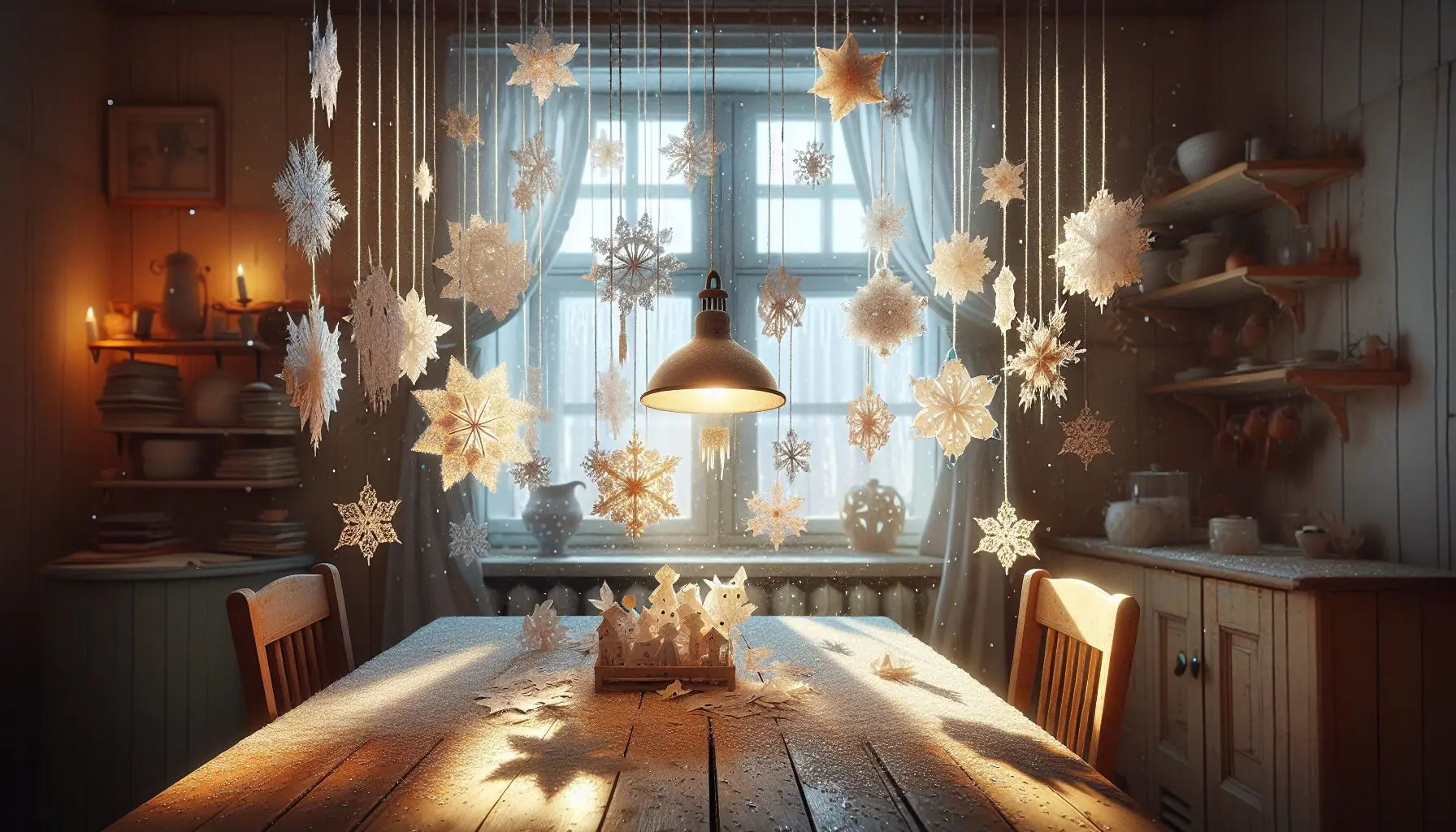 Generate an image of diverse, glitter-covered paper snowflakes hung by string, reflecting in warm lighting.