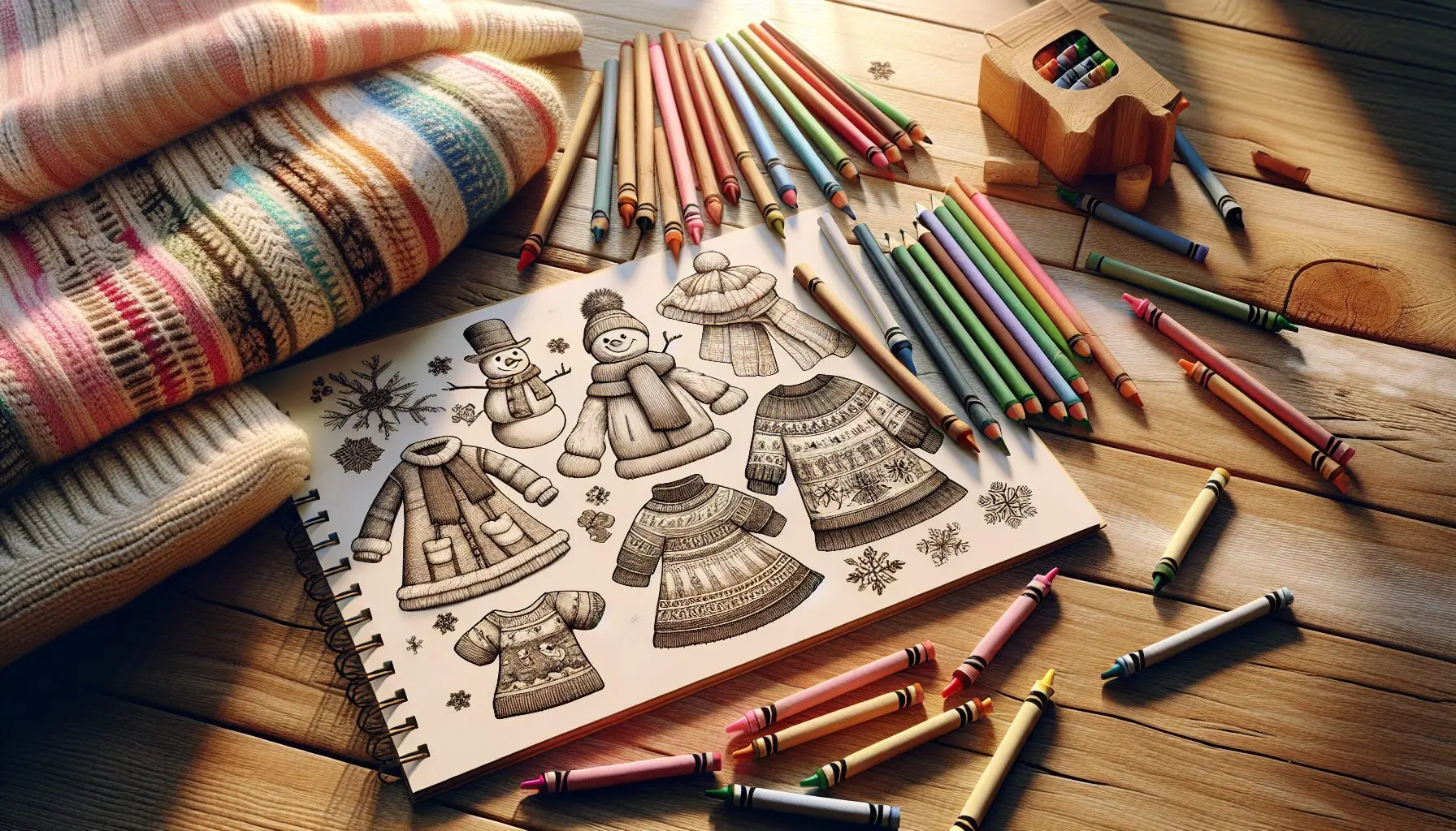 Generate an image of a child-friendly drawing pad with sketches of winter outfits and vibrant crayons scattered around.