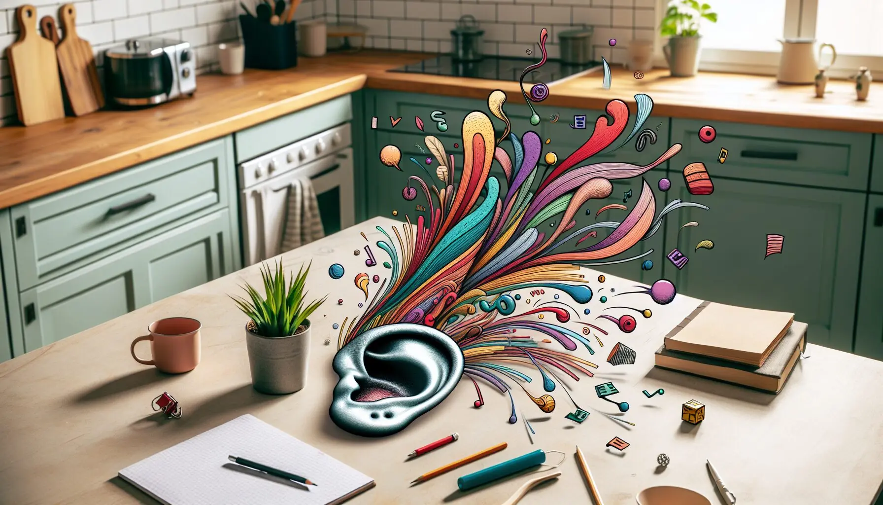 Generate an image of whimsical sound waves and comic-style active listening symbols, emphasizing the concept of listening.