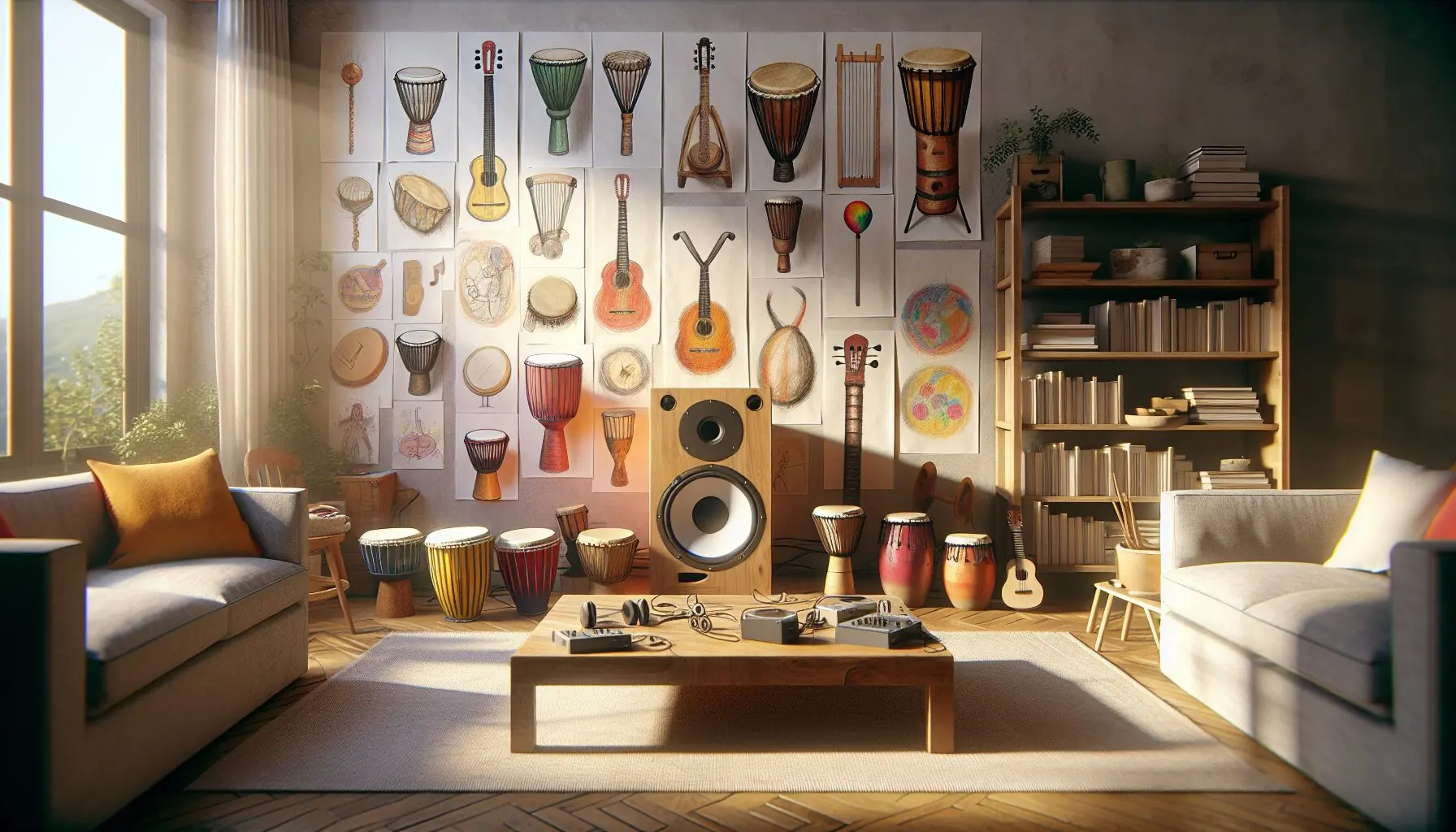 Generate an image of a living room set up for a cultural music exploration, featuring portable speakers and children's drawings of instruments from around the world.