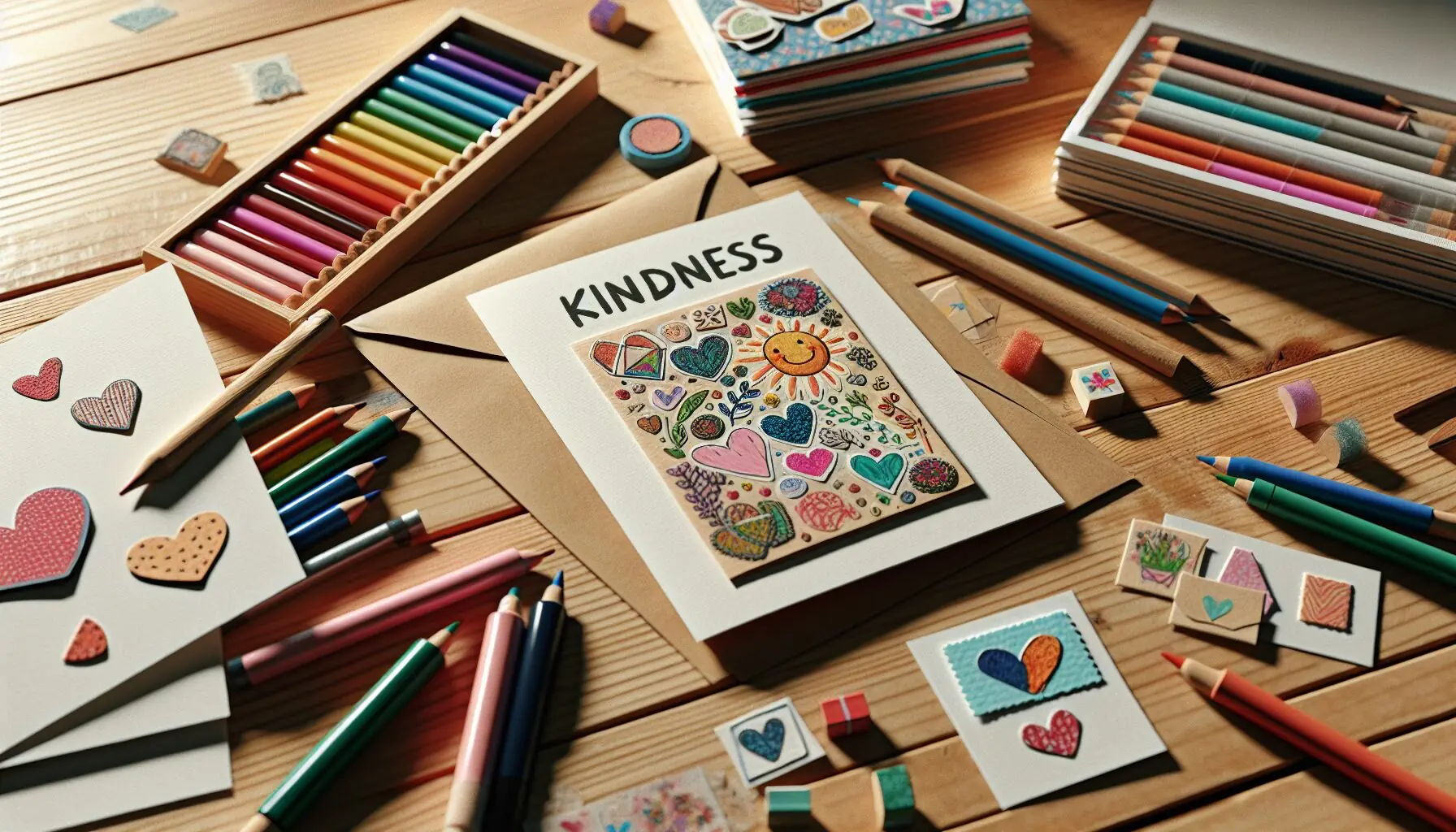 Generate an image of a beautifully decorated card with drawings and heartfelt messages, surrounded by craft supplies.
