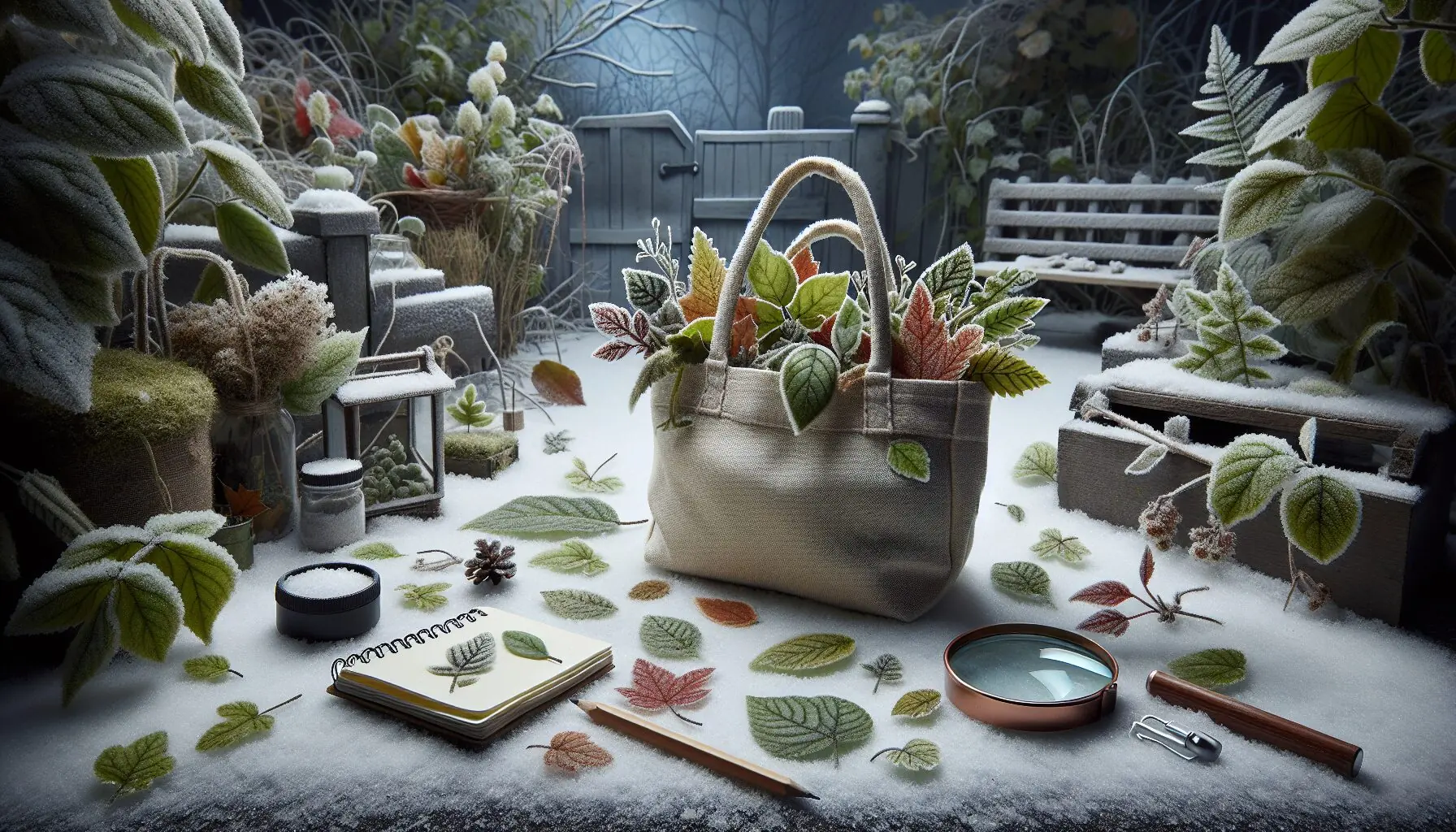 Generate an image of a small tote bag filled with diverse winter leaves laid out on a snow-dusted ground.