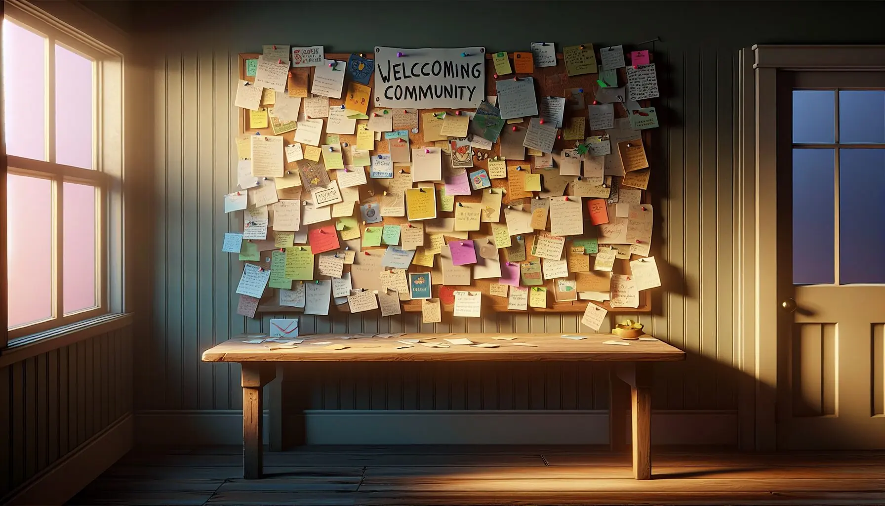 Generate an image of a cozy community bulletin board with cards and notes pinned up, symbolizing shared stories.