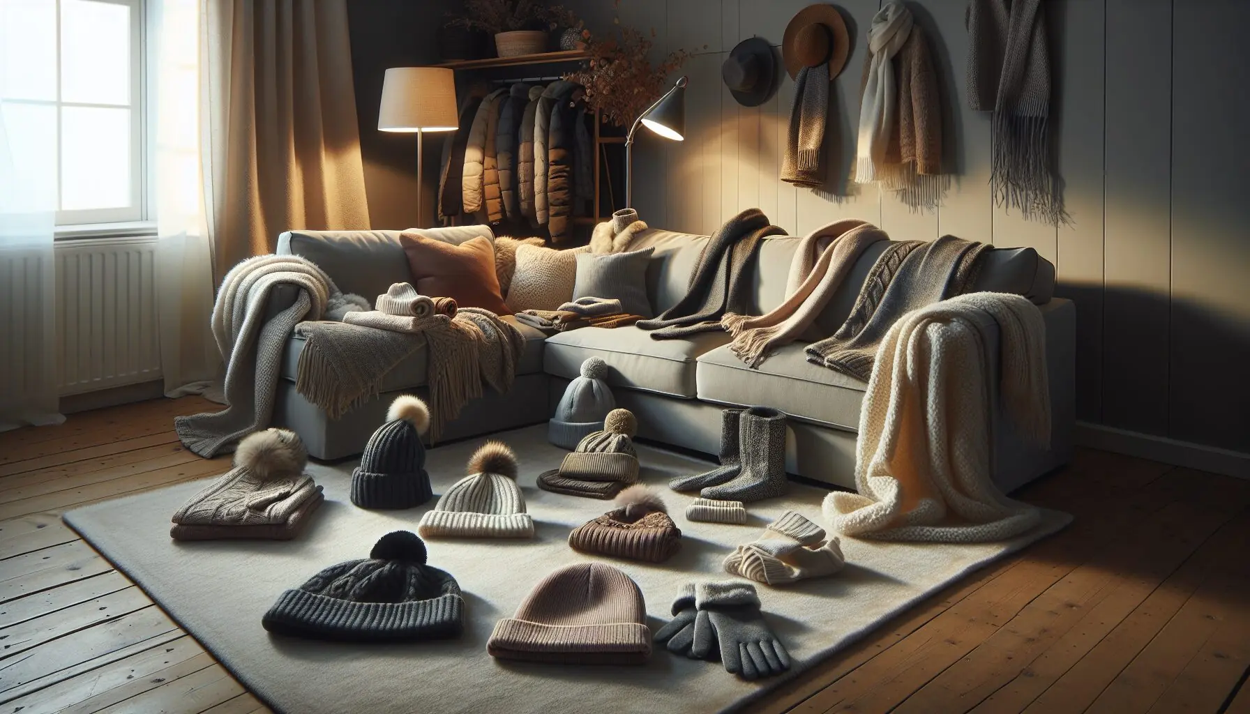 Generate an image of various winter clothing like hats, scarves, and gloves neatly laid out on a cozy rug.