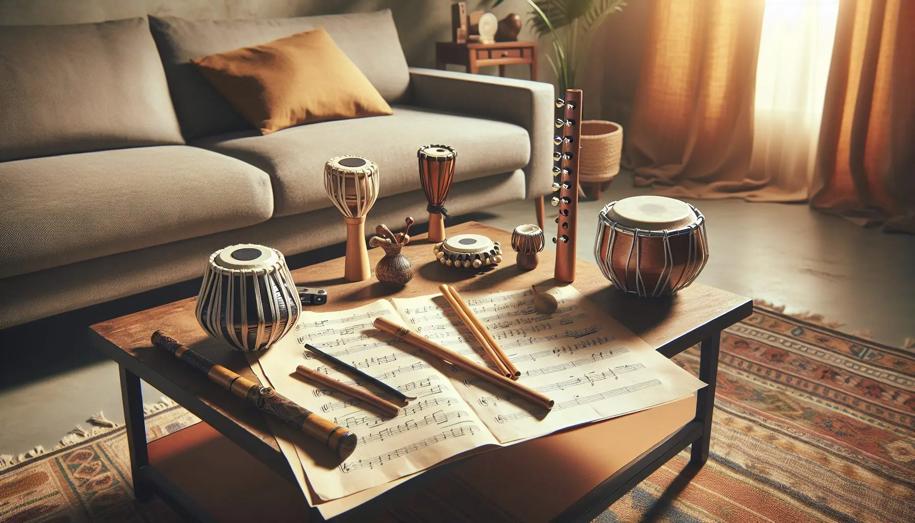 Generate an image of sheet music intertwined with illustrations of global musical instruments, emphasizing diversity in sound.