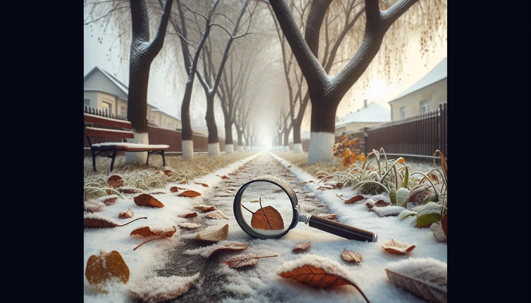 Generate an image of a snowy, leaf-covered path with a magnifying glass leaning against a tree.