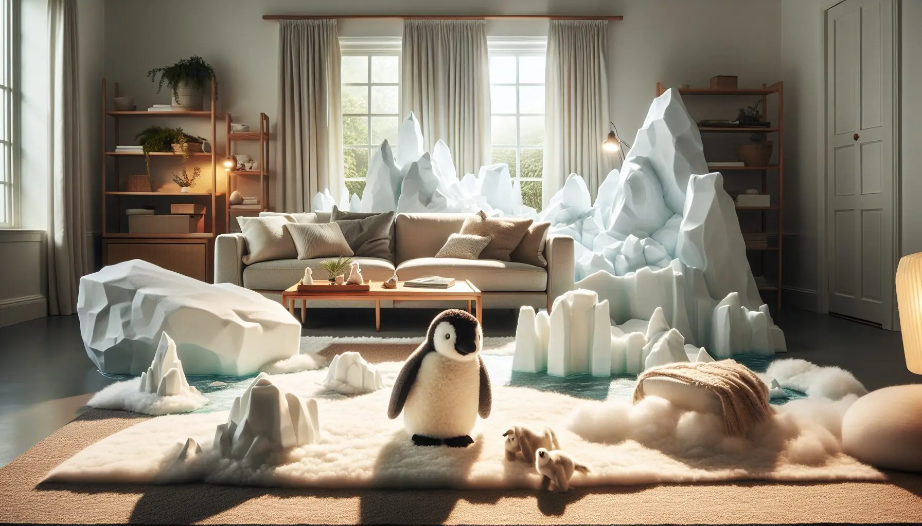 Generate an image of a living room transformed into an Arctic setting with toy penguins and a play mat.