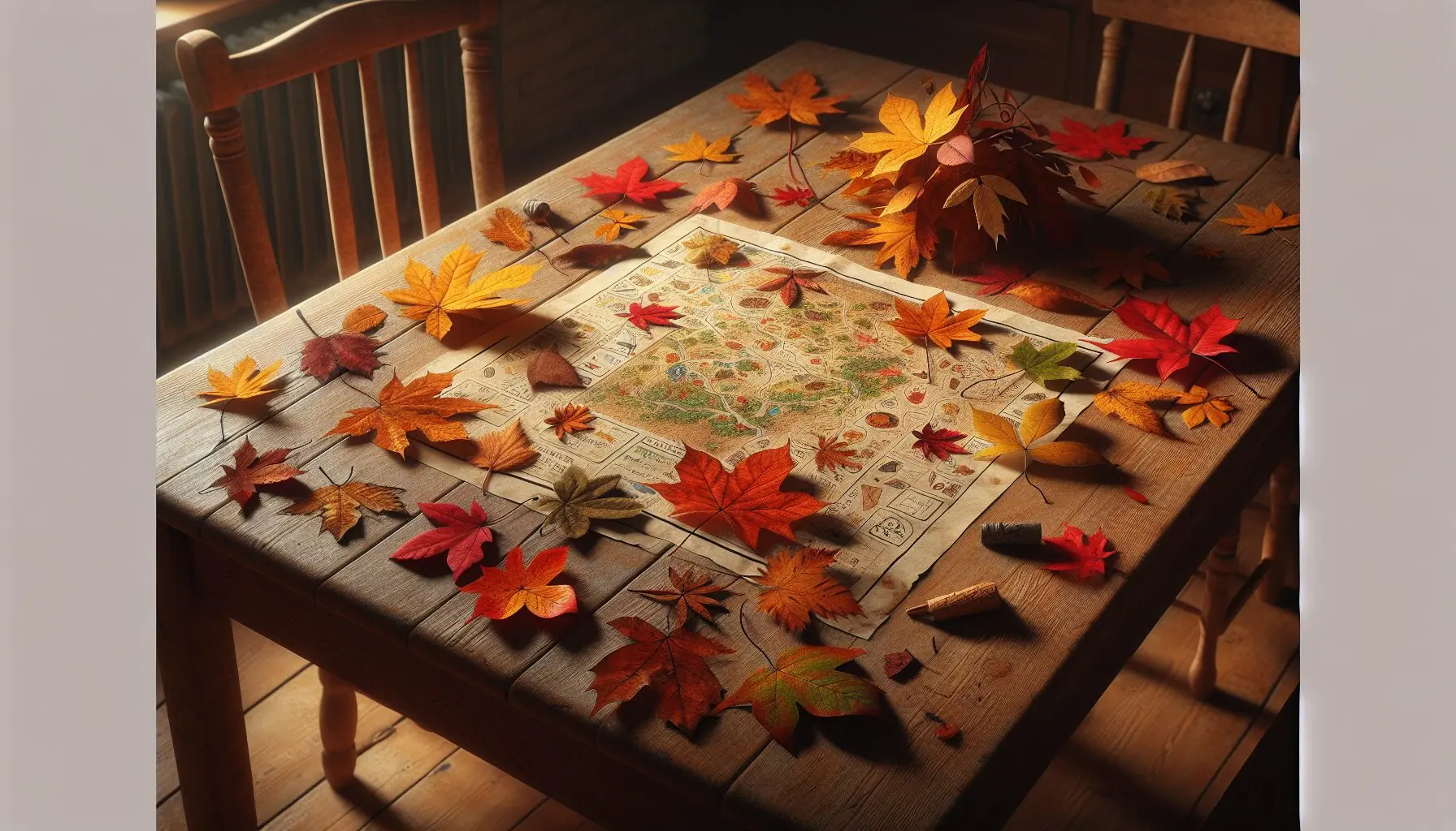 Generate an image of colorful leaves attached to a homemade treasure map on a wooden table.