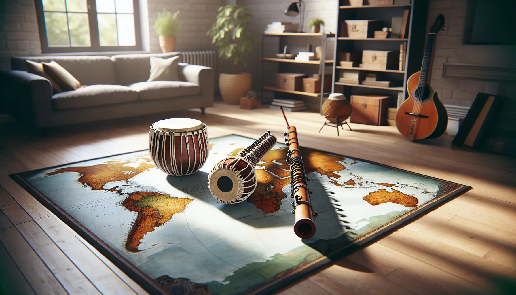 Generate an image of a diverse array of musical instruments, like drums, a sitar, and a flute, laid out on a world map.