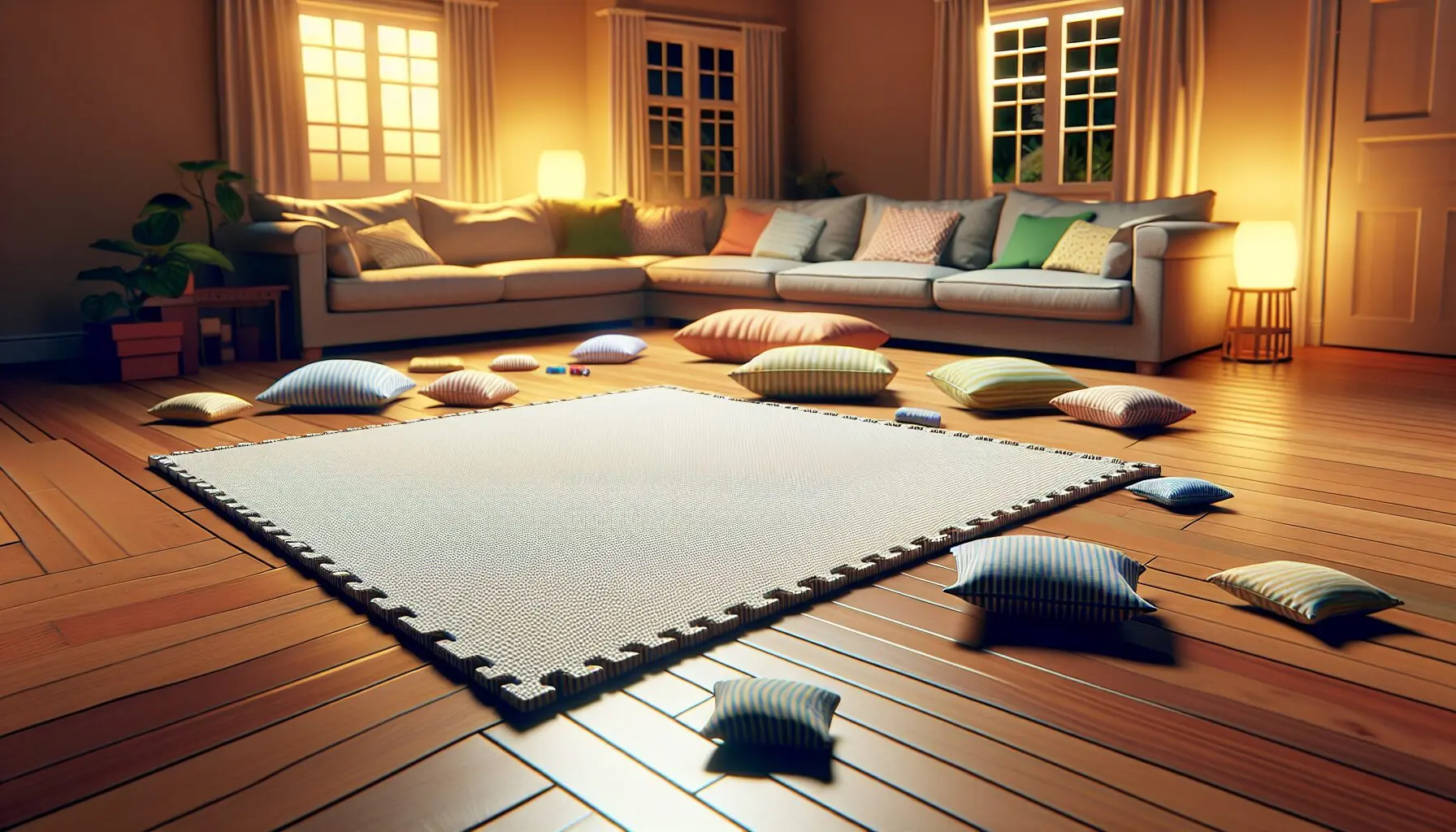 Create an image of a soft play mat with a cushion placed nearby, ready for movement activities.
