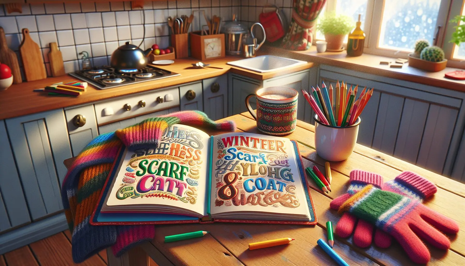 Generate an image of a colorful notebook with winter-themed vocabulary words such as 'scarf', 'gloves', and 'coat' written in playful fonts.
