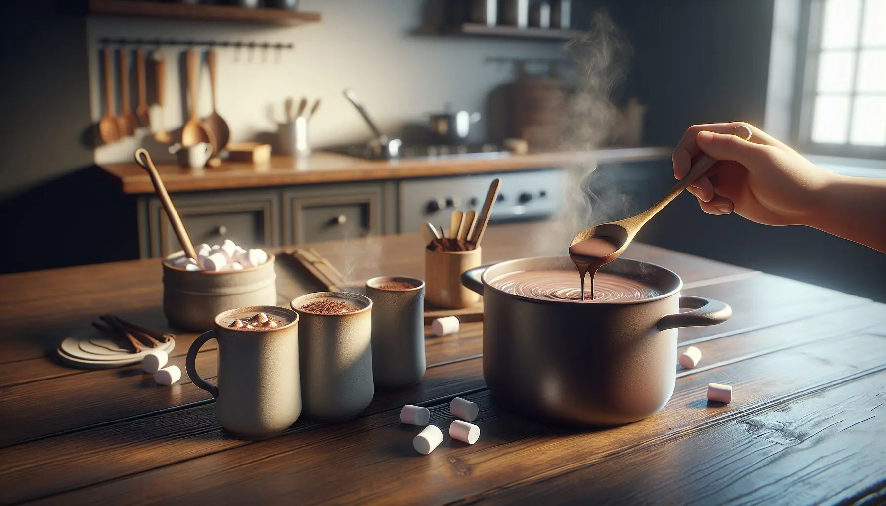 Generate an image of blended liquid hot chocolate being poured into mugs.