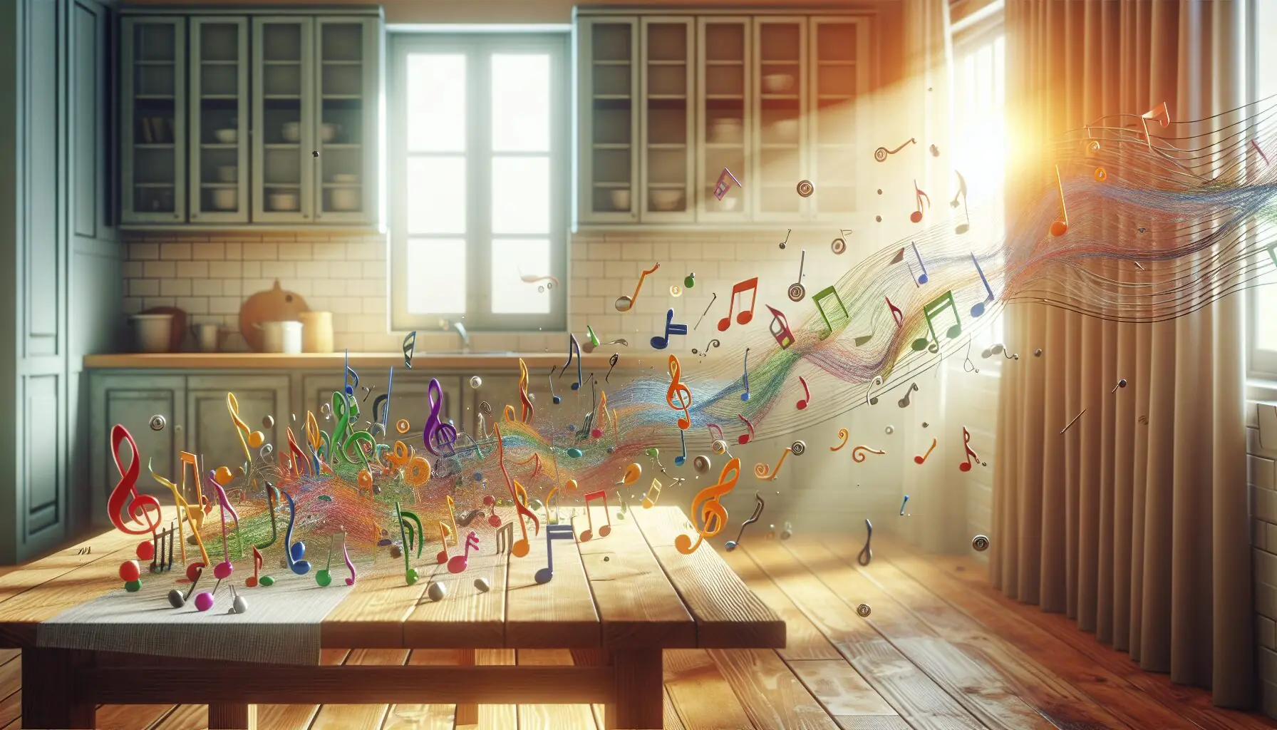Generate an image of a playful explosion of musical notes and sound waves floating in air.