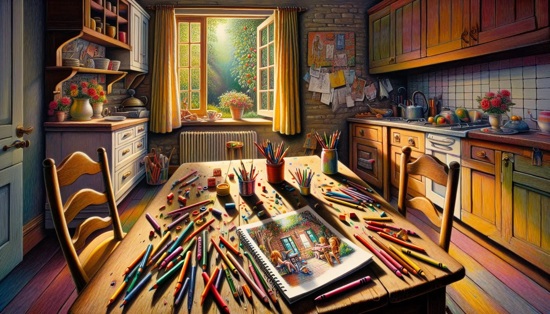 Generate an image of a cozy corner, strewn with art supplies like colorful crayons and a sketchbook open to imaginative drawings.