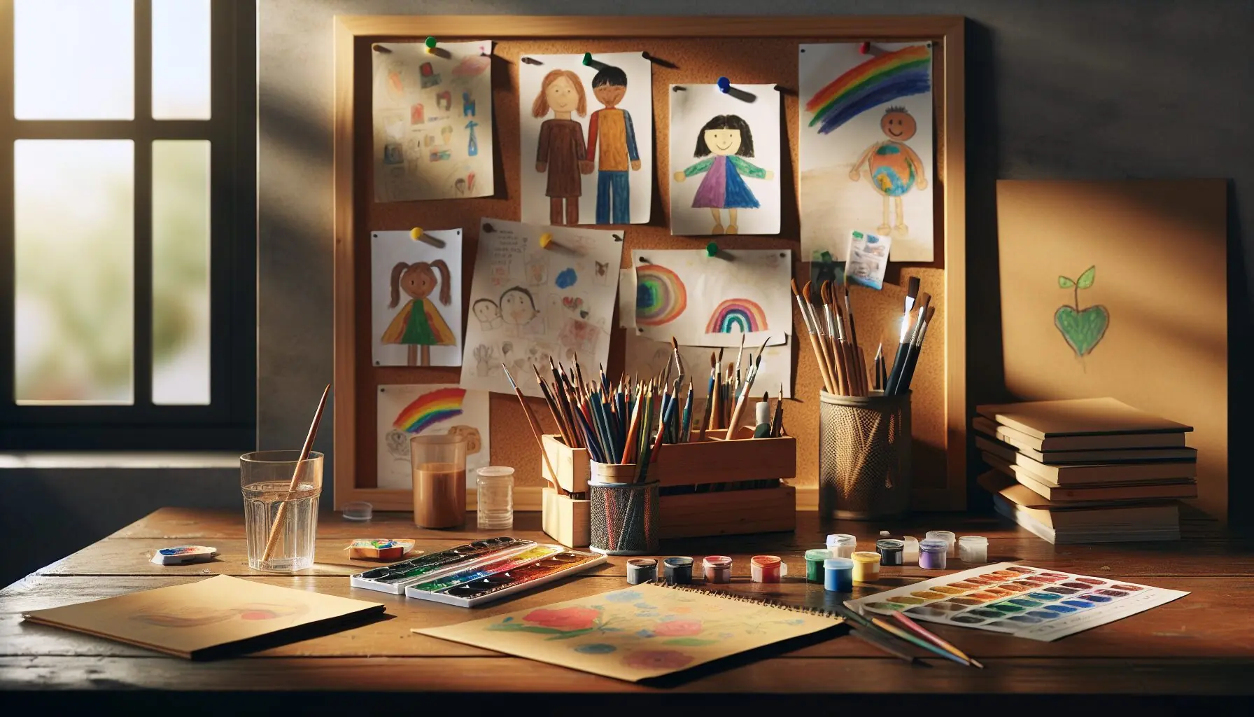 Generate an image of a shared art space where parental notes and children's drawings hang joyfully on a board, with art tools neatly organized.