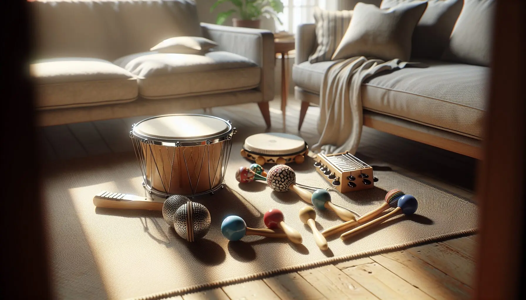 Generate an image showcasing a smiling family engaging with various musical instruments.