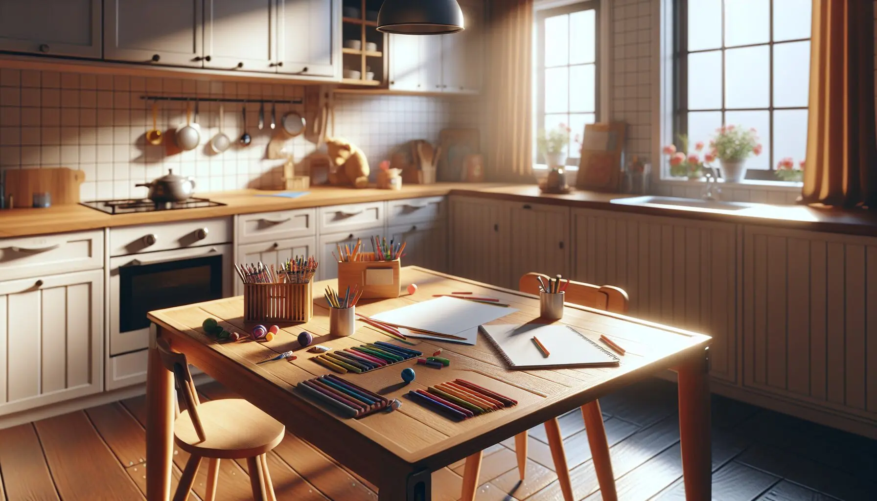 Generate an image of a beautiful sunlit art table with crayons, markers, and blank paper awaiting creative use.