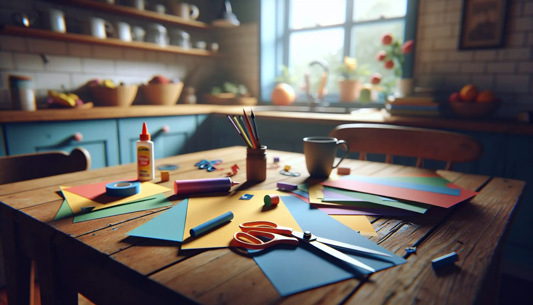Generate an image of colorful construction paper, scissors, and glue sticks arranged neatly on a table.