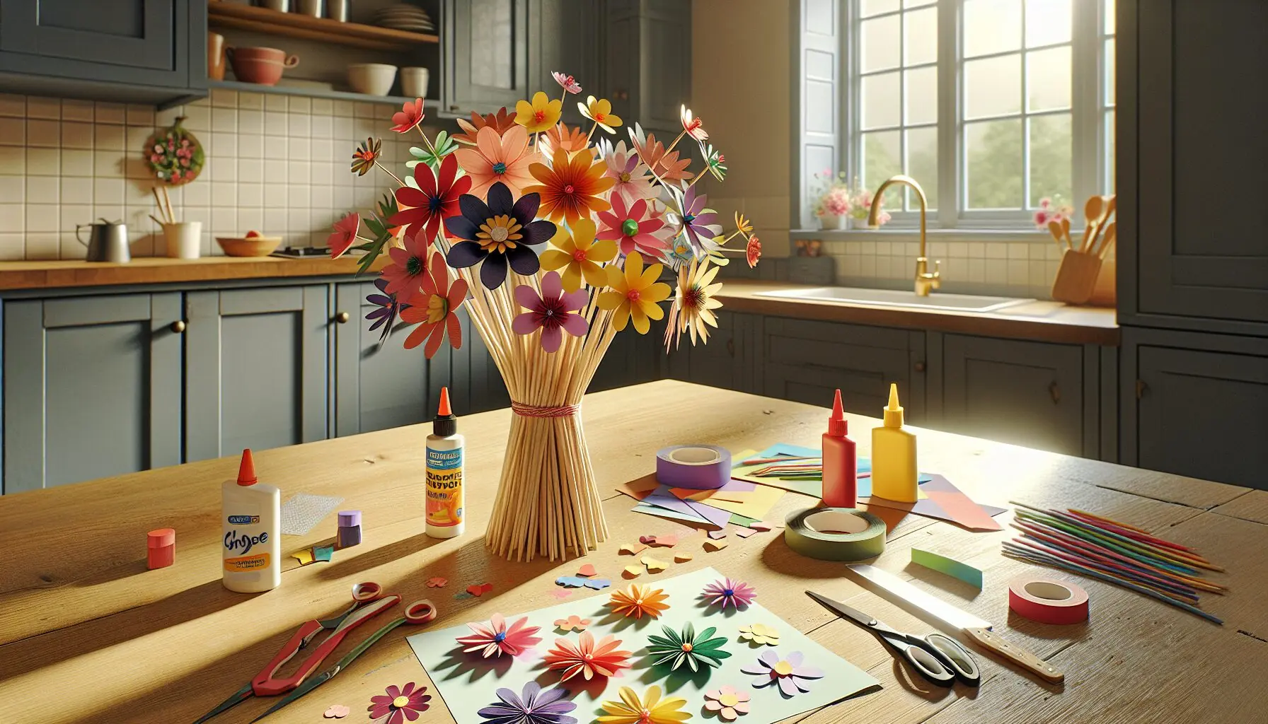 Create an image of a completed paper bouquet with a mix of flower shapes on craft sticks.