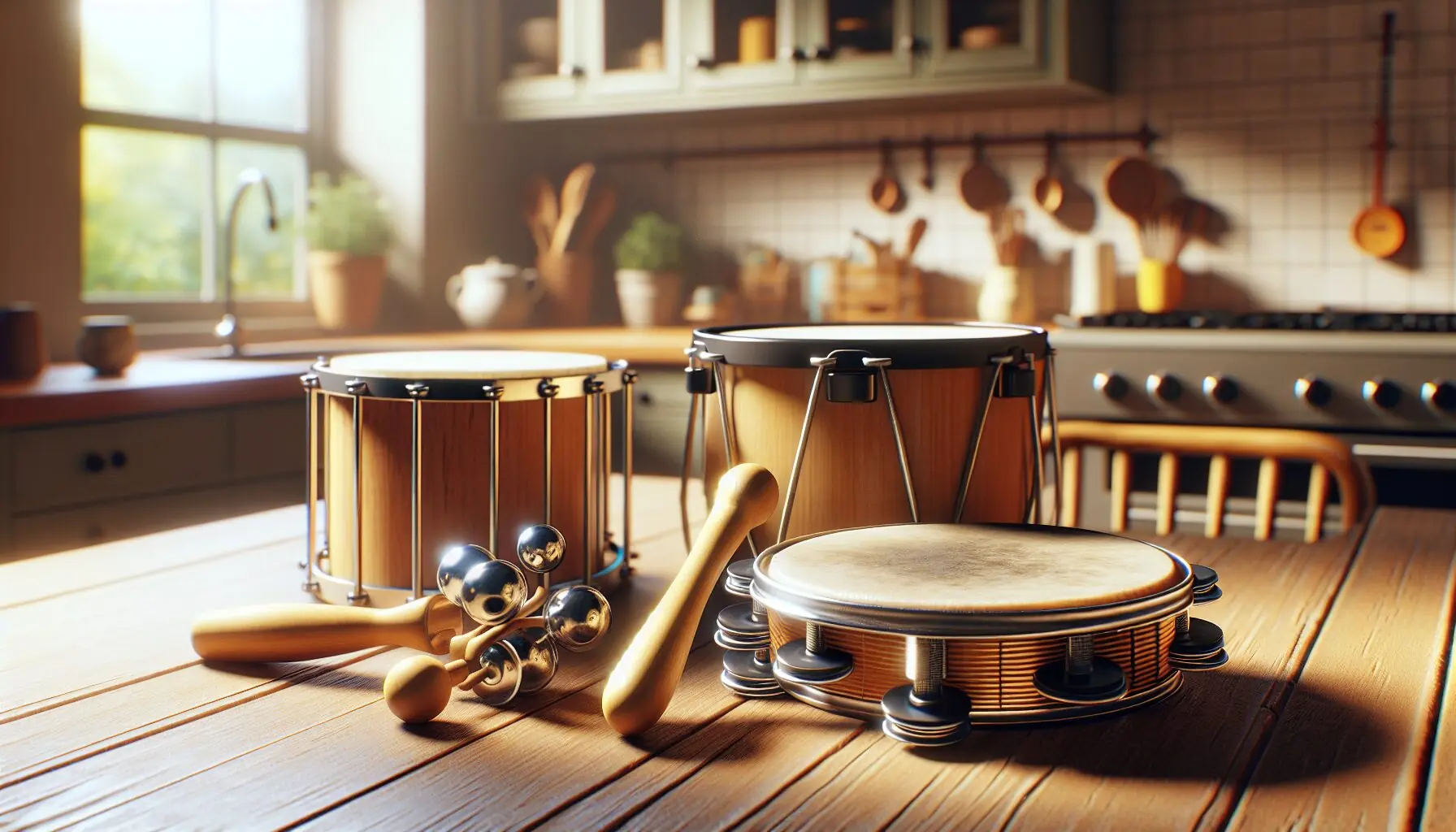 Generate an image of a tambourine, drum, and homemade shaker on a table.