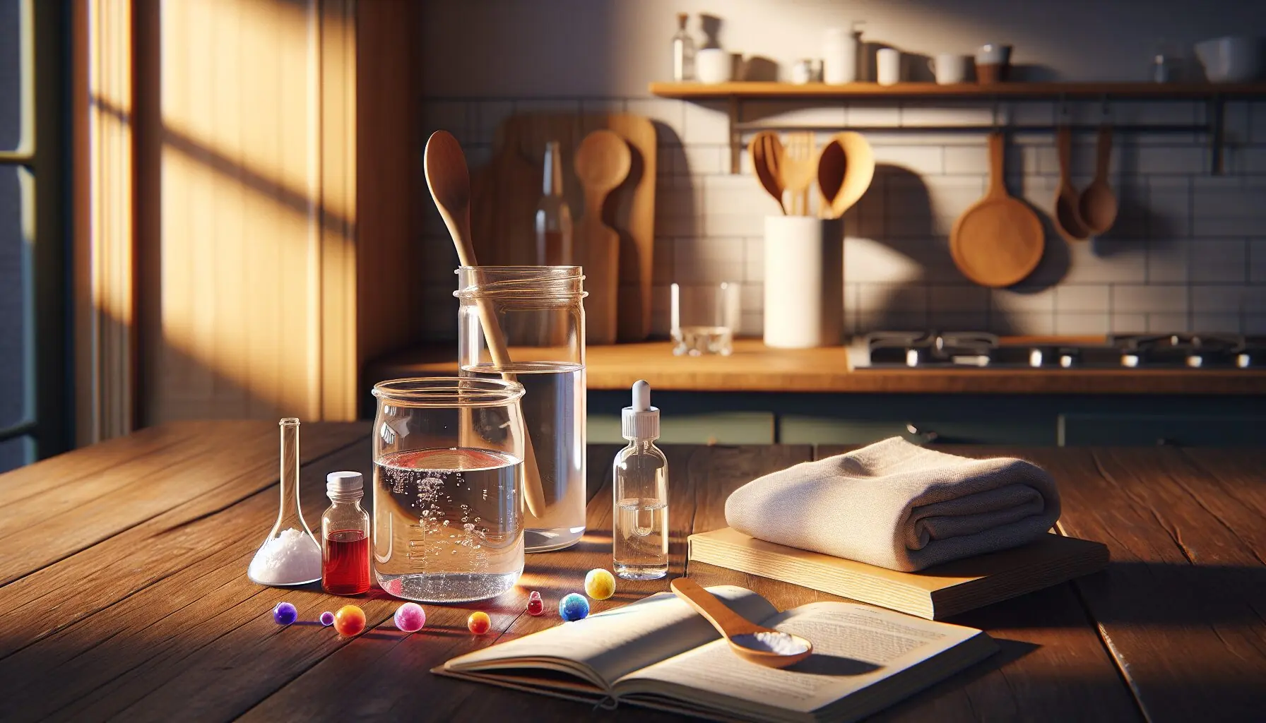 Generate an image of a child pointing to a swirling jar on a table, discussing with an adult, in a cozy home setting.