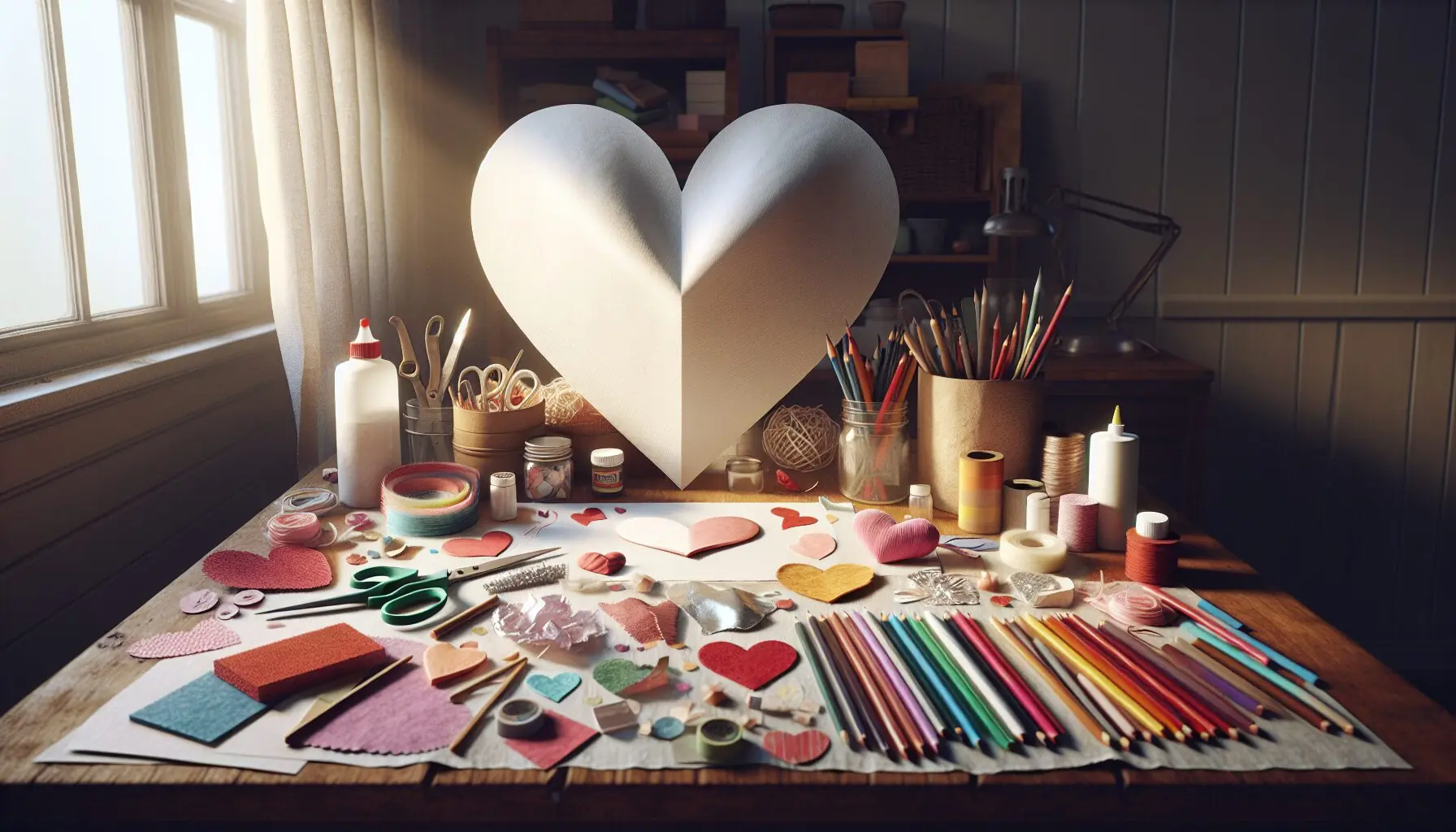 Generate an image of a heart-shaped cutout decorated with various textured materials on a colorful background.