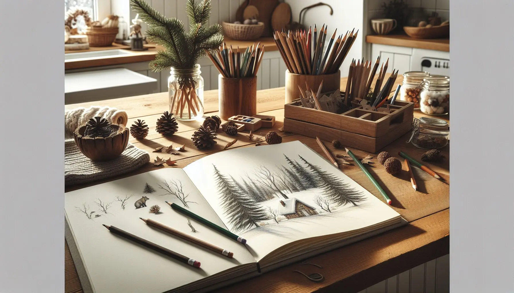 Generate an image of a family sketching on a winter walk, capturing trees and wildlife.