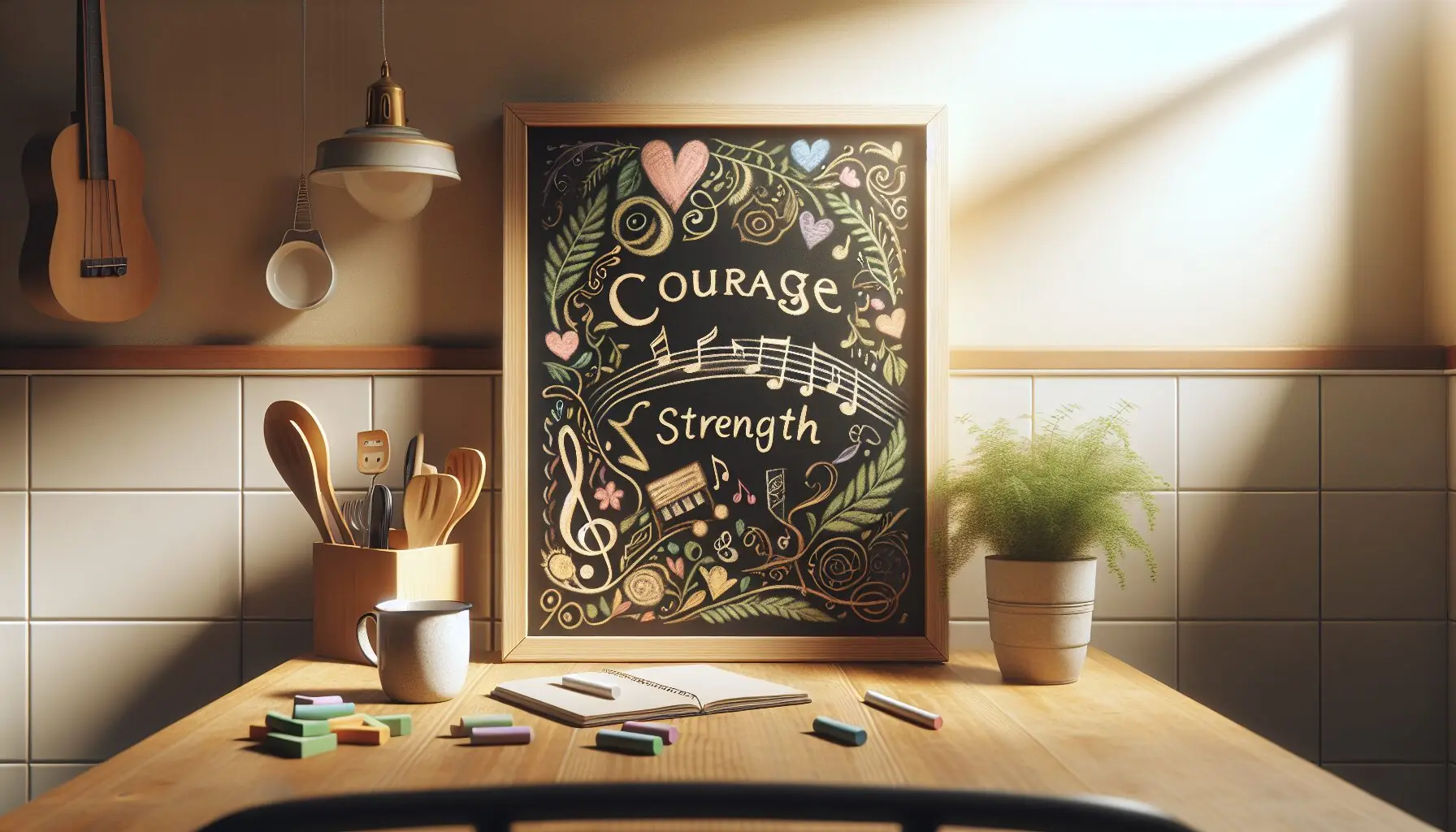Generate an image of a chalkboard with doodles of musical notes and inspiring words like 'courage' and 'strength'.