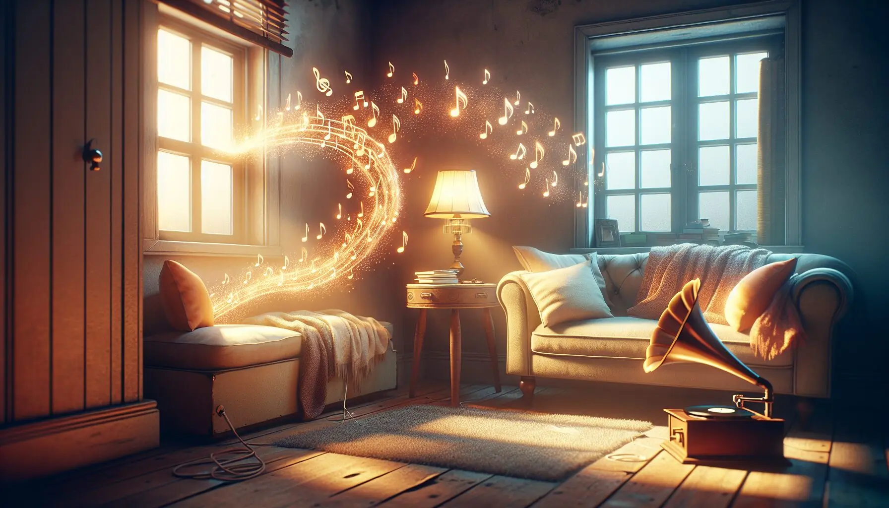 Generate an image of music notes swirling around a cozy living room with a cheerful atmosphere.